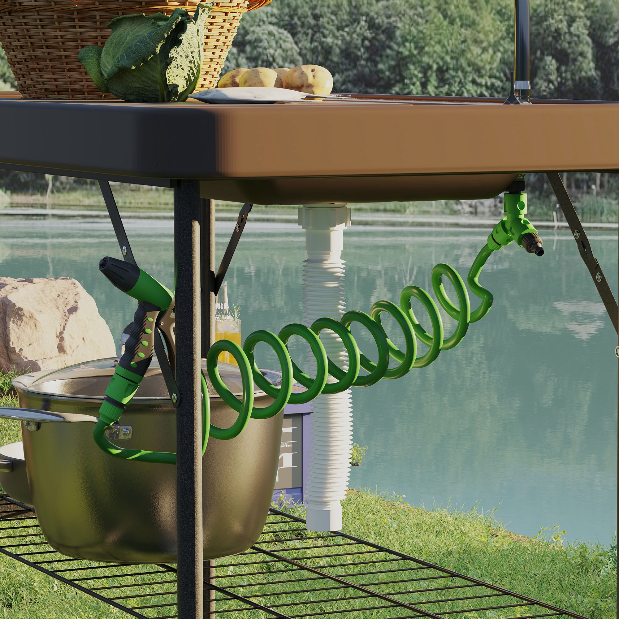 Folding Fish Cleaning Table with Sink, Portable Camping Table with Faucet, Drainage Hose, Sprayer and Shelf, Tan