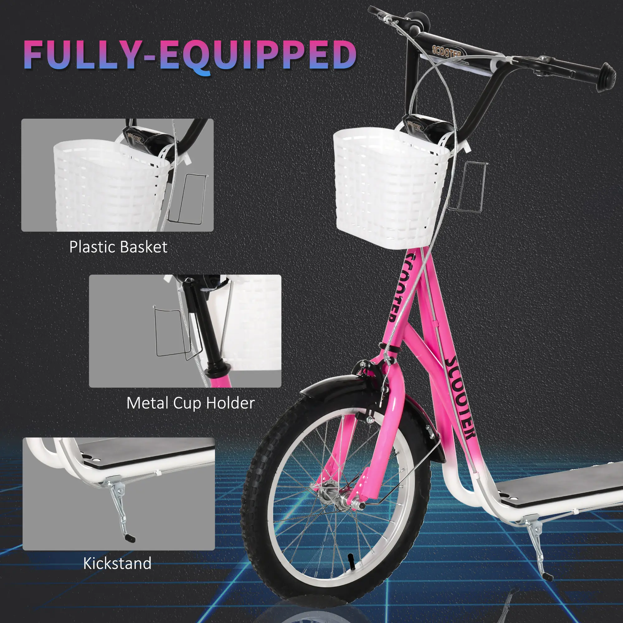 Youth Scooter, Kick Scooter with Adjustable Handlebars, Double Brakes, 16" Inflatable Rubber Tires, Basket, Cupholder, Pink