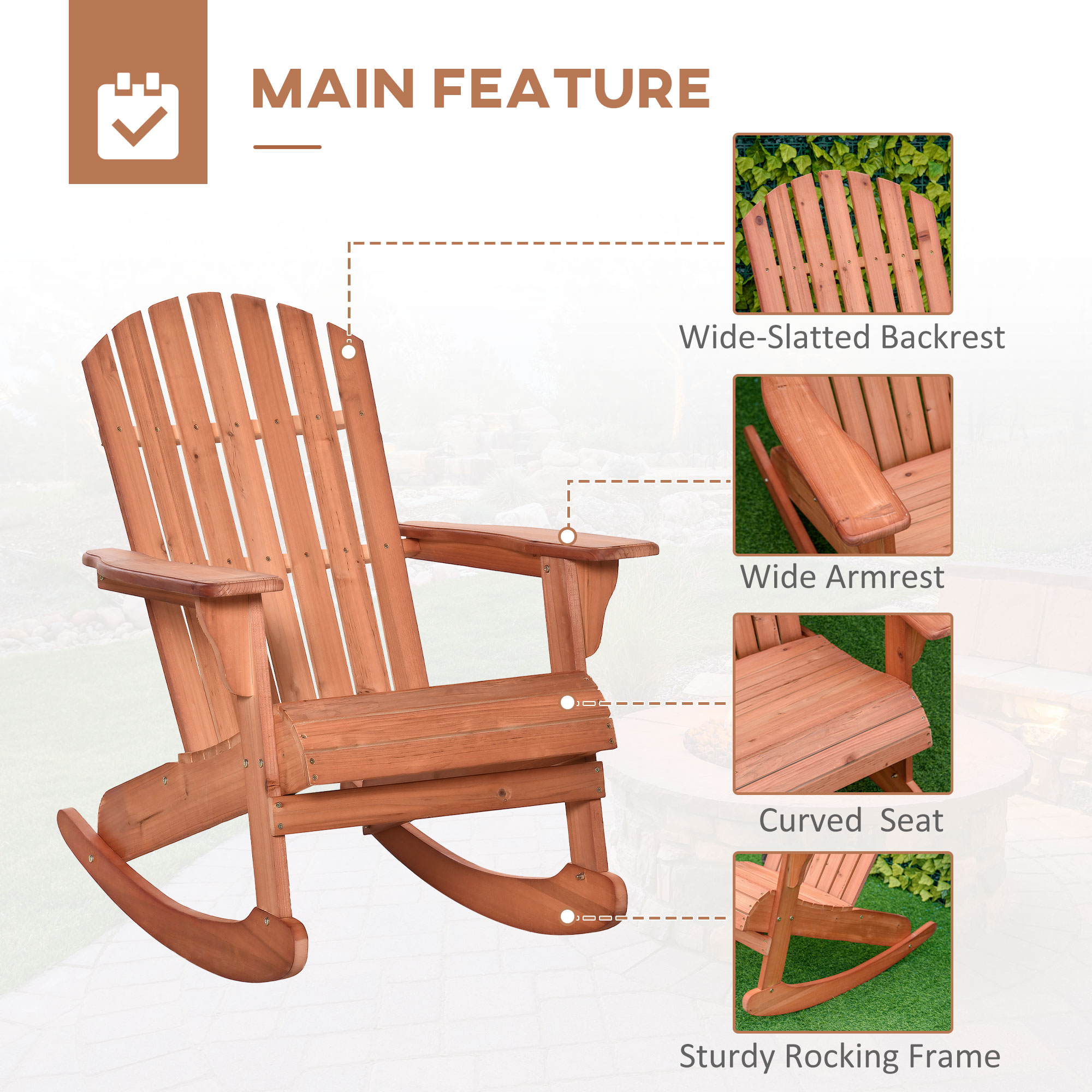 Adirondack Rocking Chair, with Slatted Wooden Design, Fanned Back, Ergonomic Armrests, & Classic Rustic Style, For Porch, Patio, Backyard, Teak