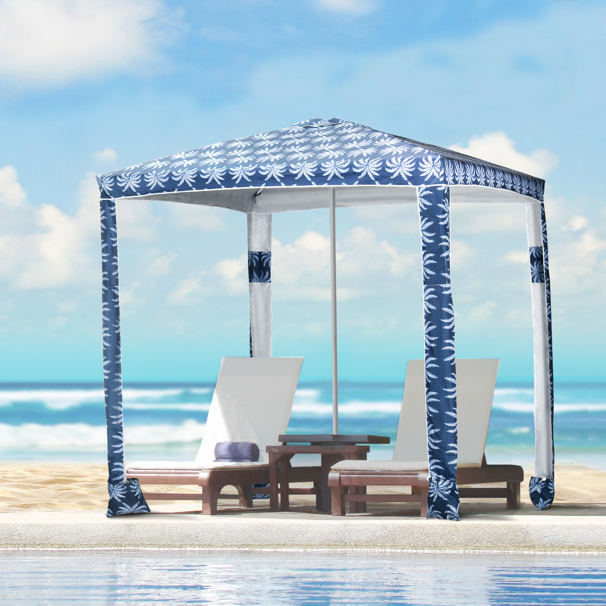 Quick Beach Cabana Canopy Umbrella, 6.5 Easy-Assembly Sun-Shade Shelter with Sandbags and Carry Bag, Cool UV50+ Fits Kids & Family, Blue Coconut Palm
