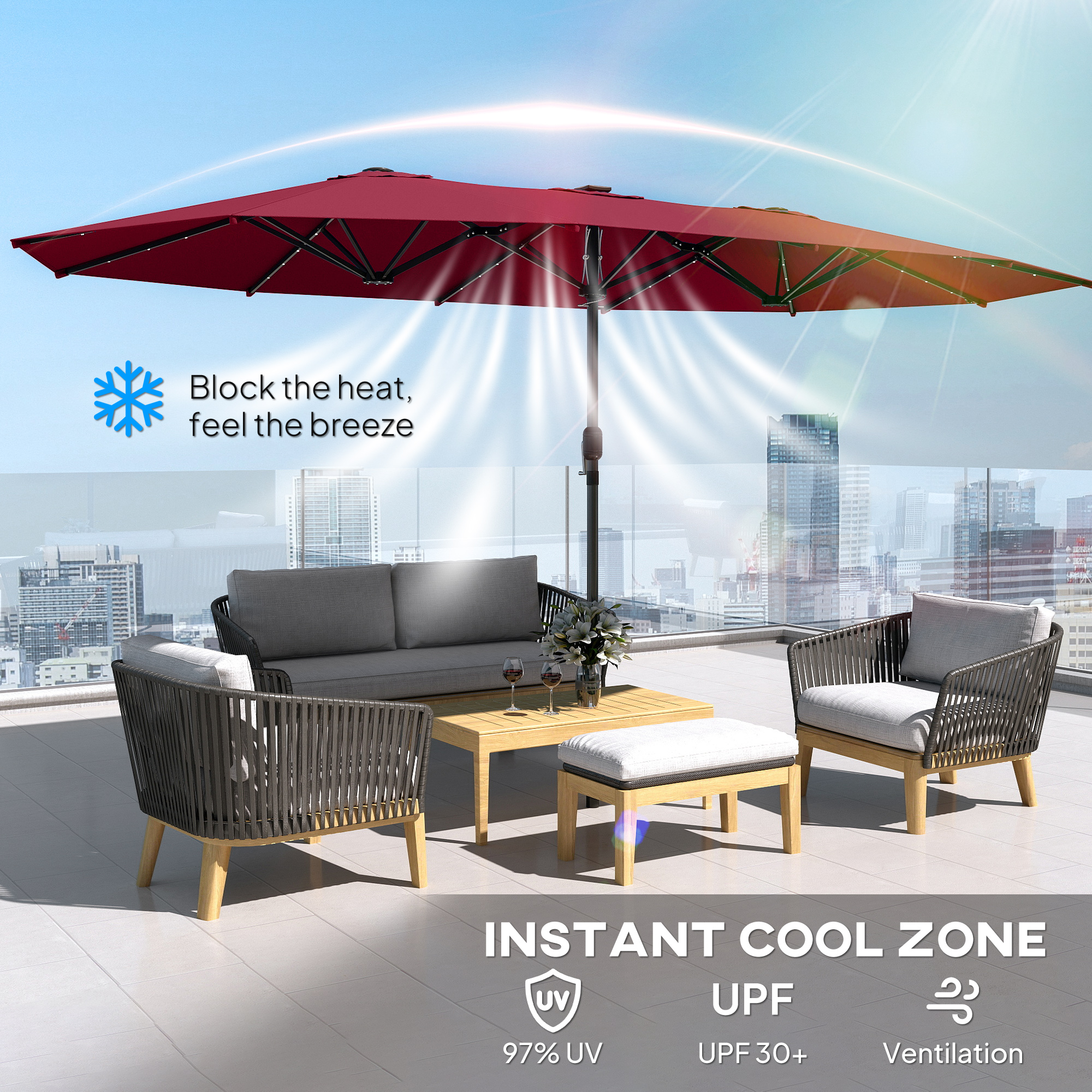 Garden Parasol, Double-Sided Sun Umbrella with LED Solar Lights, Patio Parasol for Outdoor, Wine Red - 6