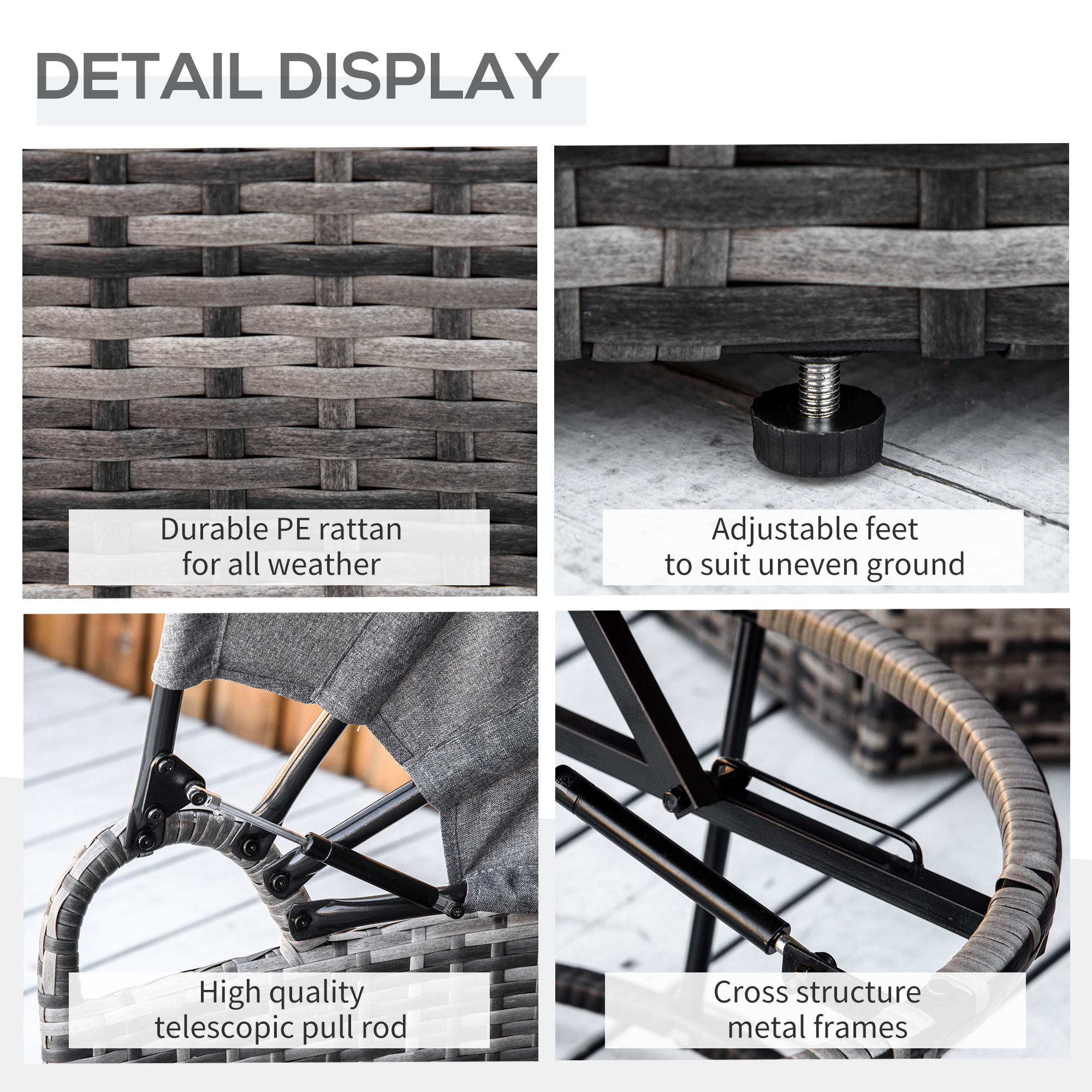  4 Piece Round Rattan Daybed, Convertible Patio Furniture Set, Adjustable Sun Canopy, Sectional Outdoor Sofa, 2 Chairs, Extending Tea Table Ottoman Chair, 3 Pillows, Gray