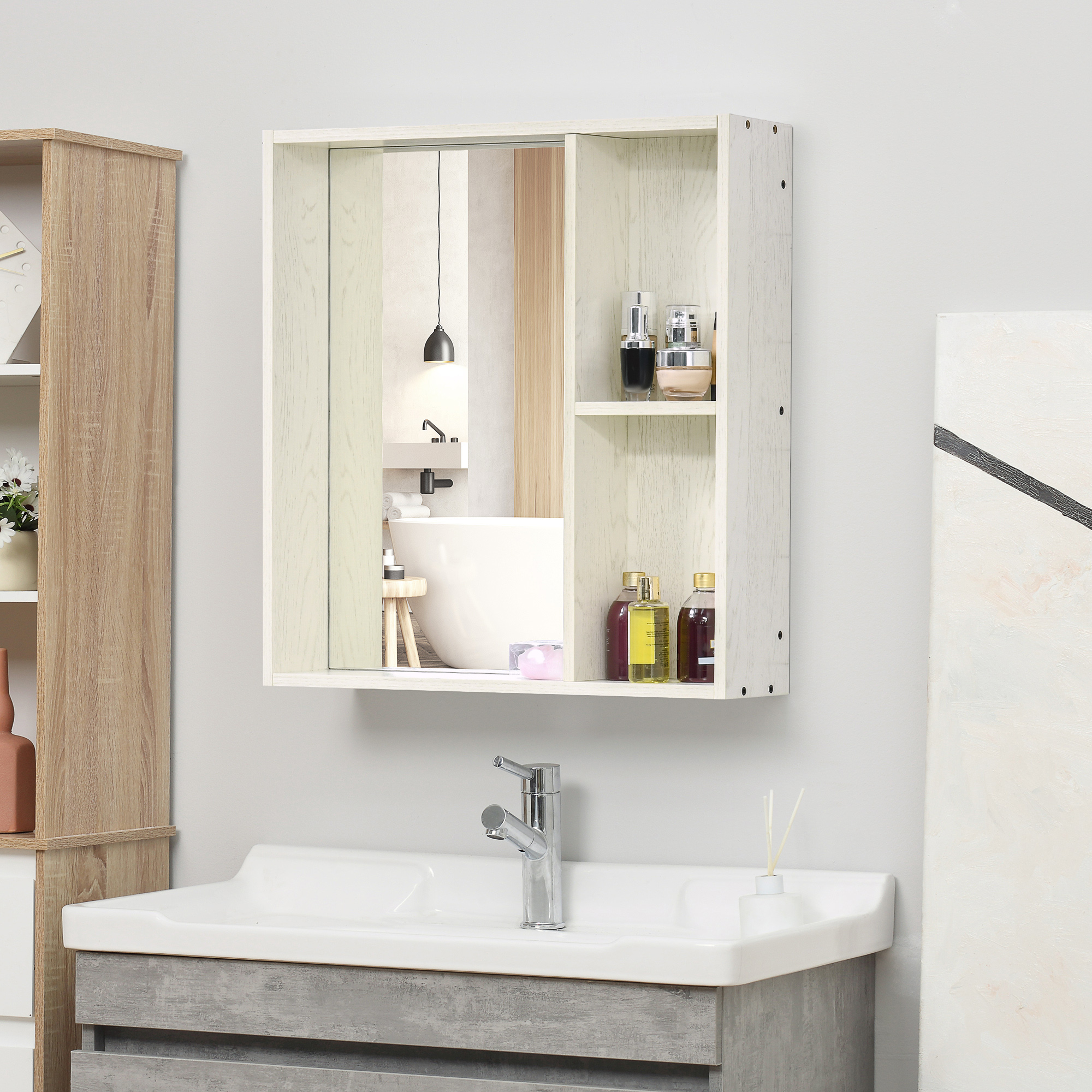  24.75" x 25.5" Bathroom Medicine Cabinet with Mirror, Storage Shelf, Over Toilet Bathroom Cabinet Wall Mounted for Living Room and Laundry Room, White