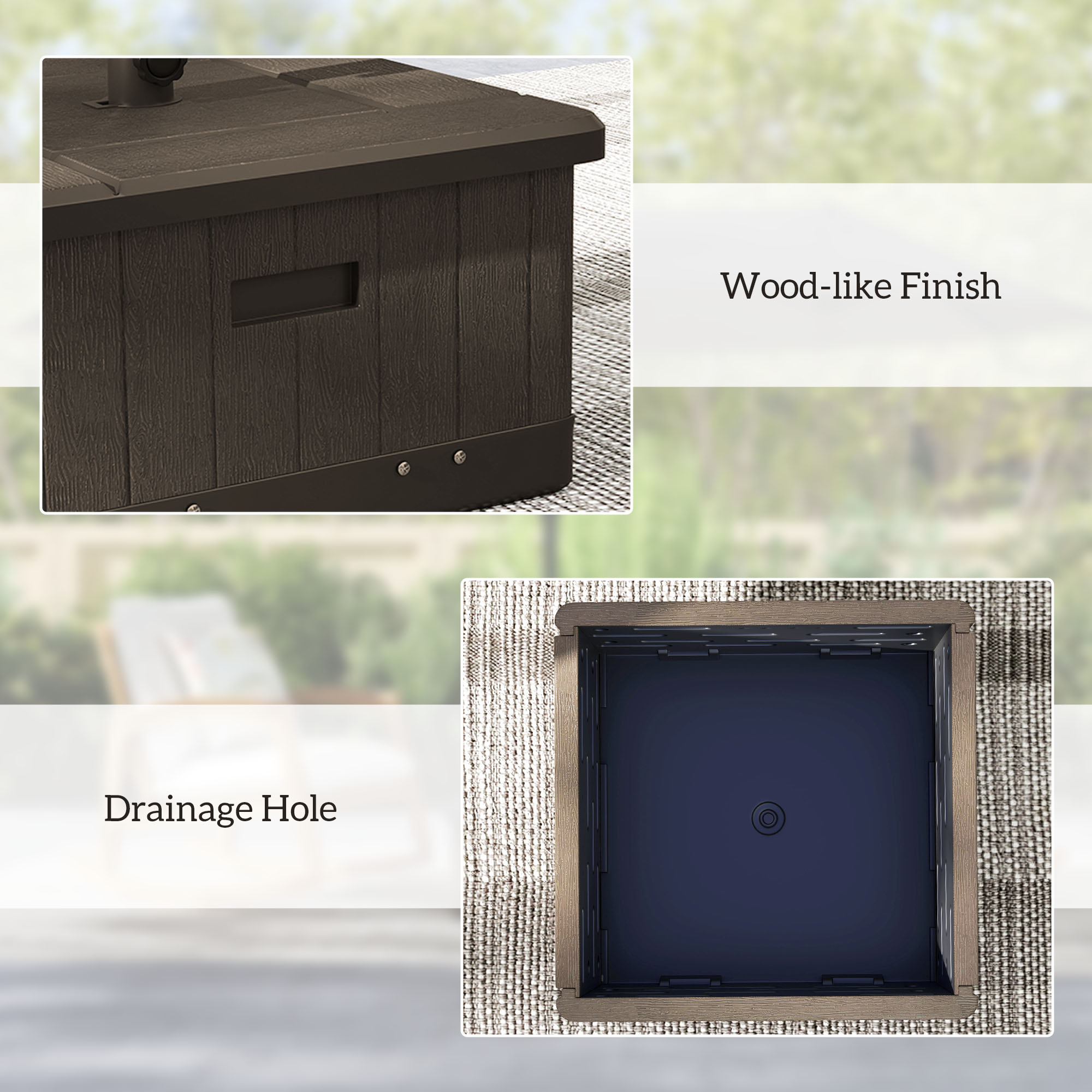 3-in-1 Outdoor Umbrella Base with Wheels and Handles, End Table, Flower Box Planter with Hole, 175 lbs. Capacity, Brown - Image 3
