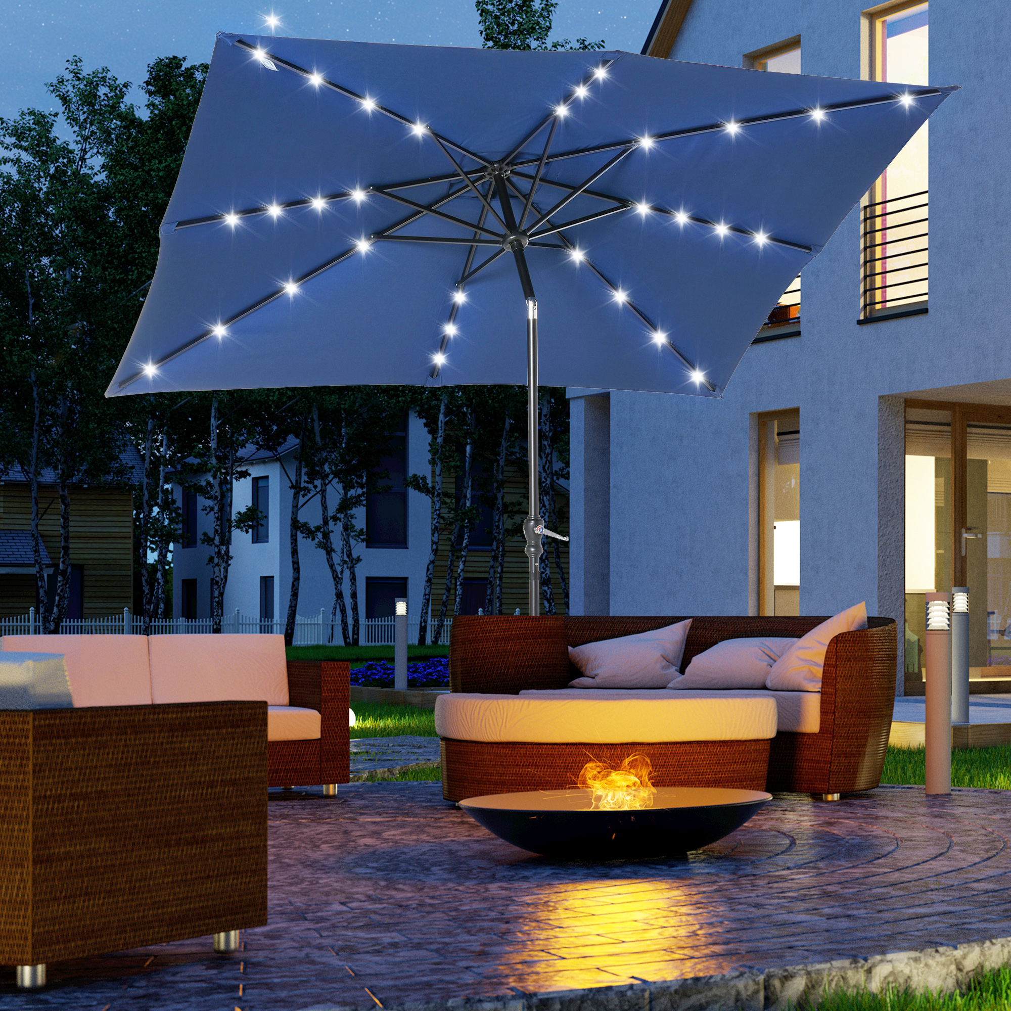 9 x 7 Solar Umbrella, LED Lighted Patio Umbrella for Table or Base with Tilt & Crank, Outdoor Umbrella for Garden, Deck, Backyard, Pool, Beach, Blue