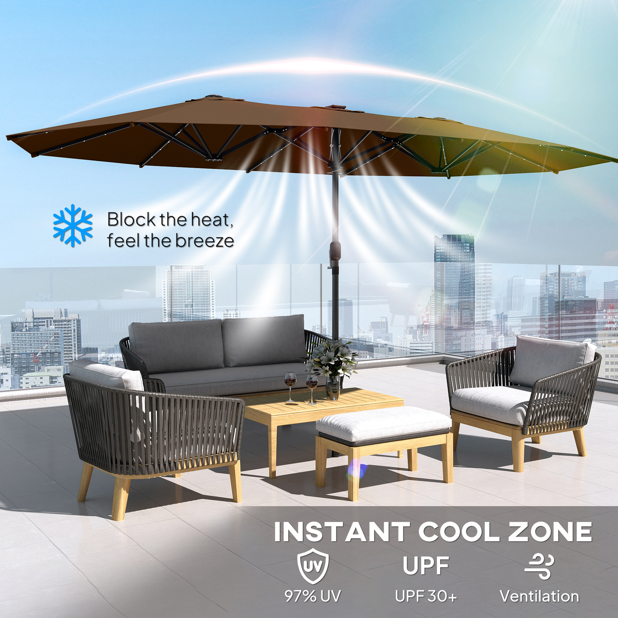 Garden Parasol, Double-Sided Sun Umbrella with LED Solar Lights, Patio Parasol for Outdoor, Coffee - 6