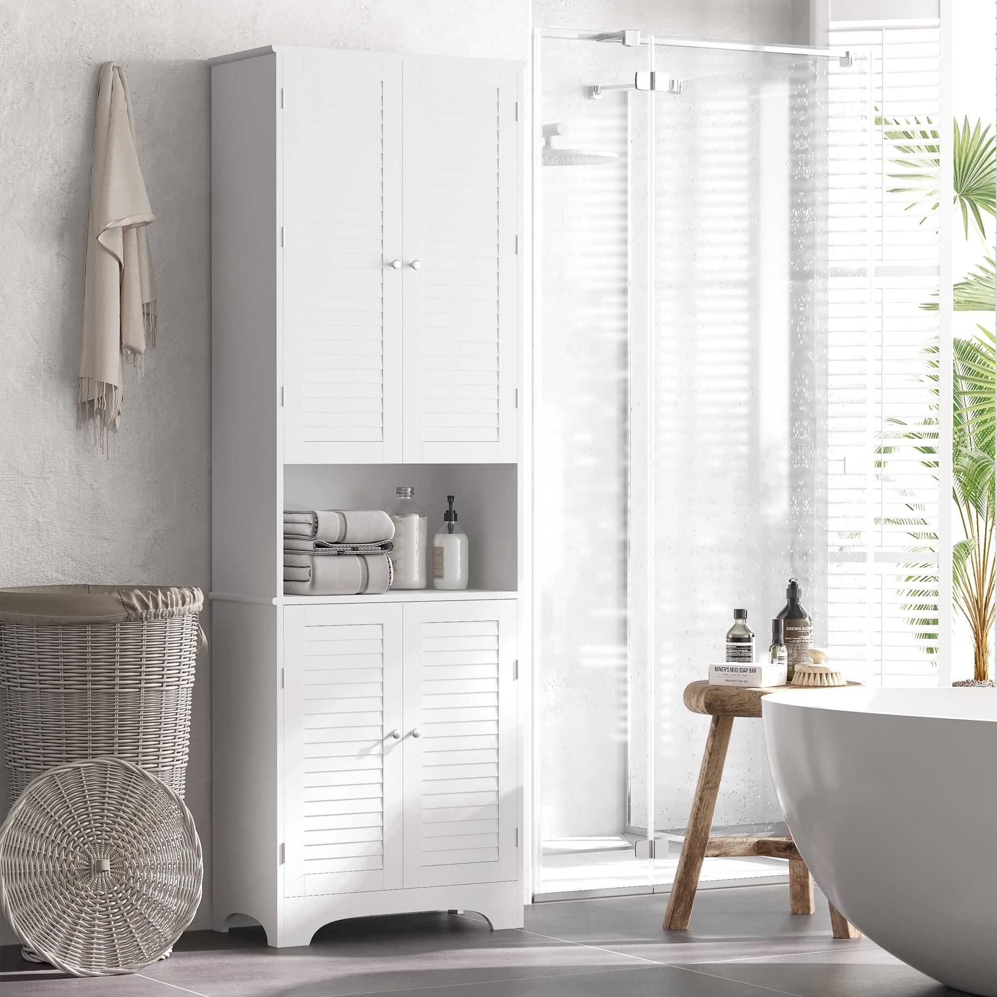  Tall Narrow Bathroom Storage Cabinet with Doors and Shelf Adjustability, Freestanding Linen Cabinet with 2 Cabinets and Countertop, White