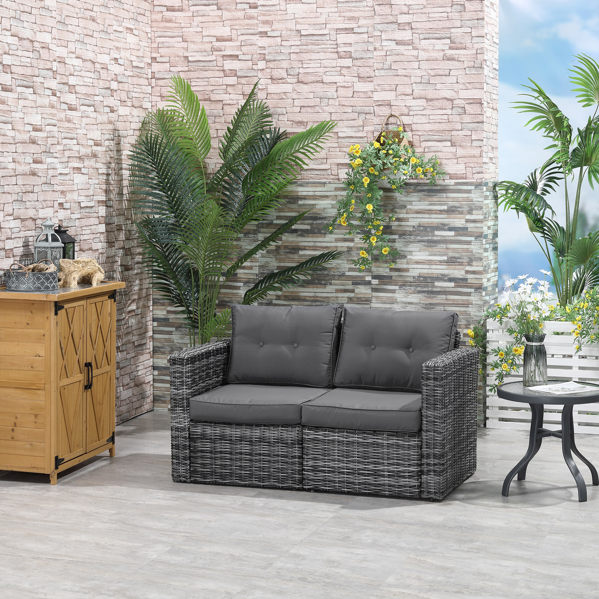 2 Piece Patio Wicker Corner Sofa Set, Outdoor PE Rattan Furniture, with Curved Armrests and Padded Cushions for Balcony, Garden, or Lawn, Gray