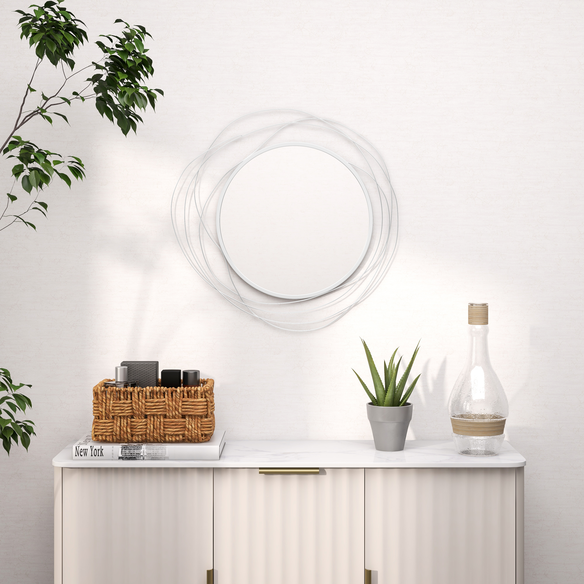 Abstract Metal Wire Wall Mirror, With Accessories - Silver