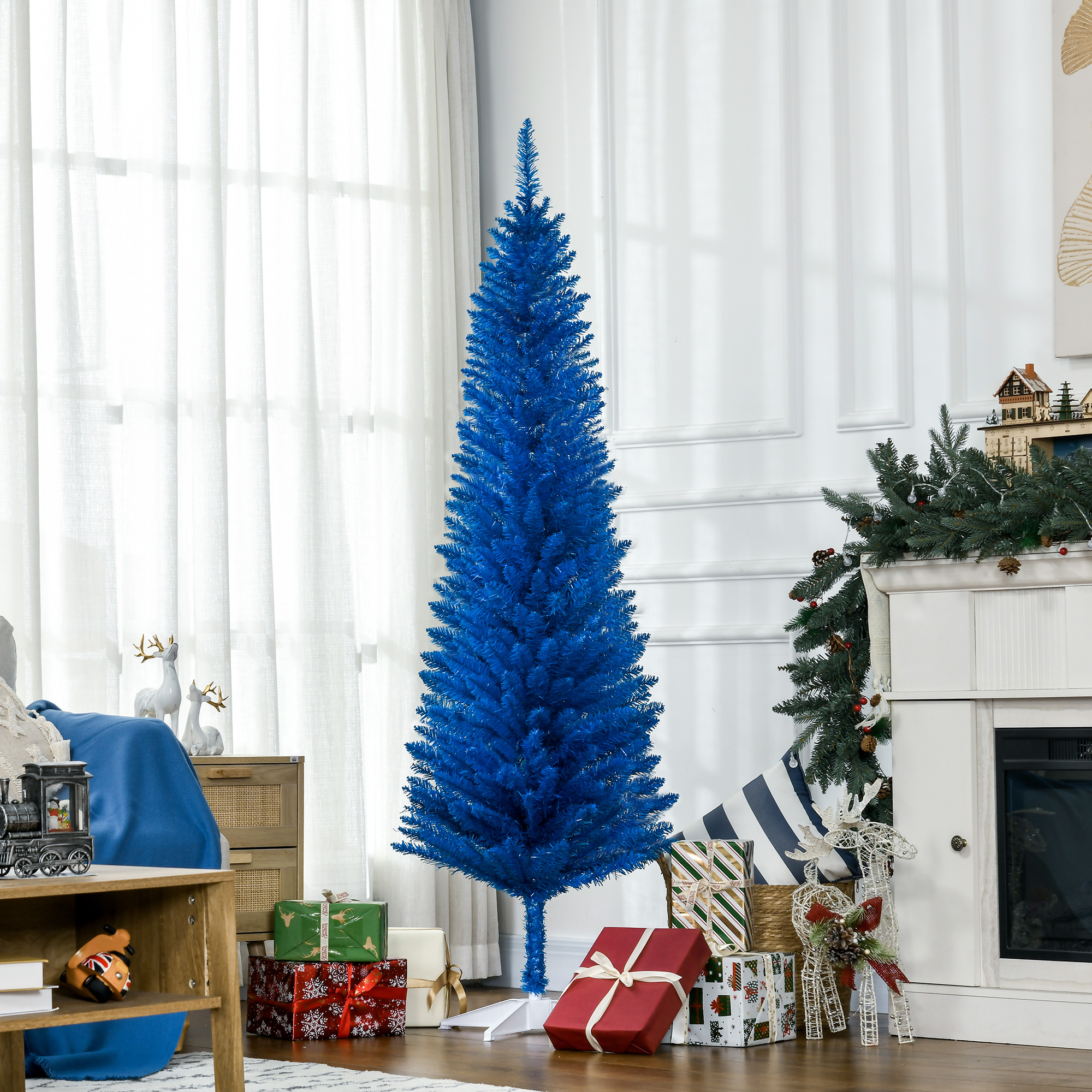 6FT Decorated Christmas Tree, Pencil Christmas Tree with 390 Realistic Branch Tips and Plastic Stand, Blue