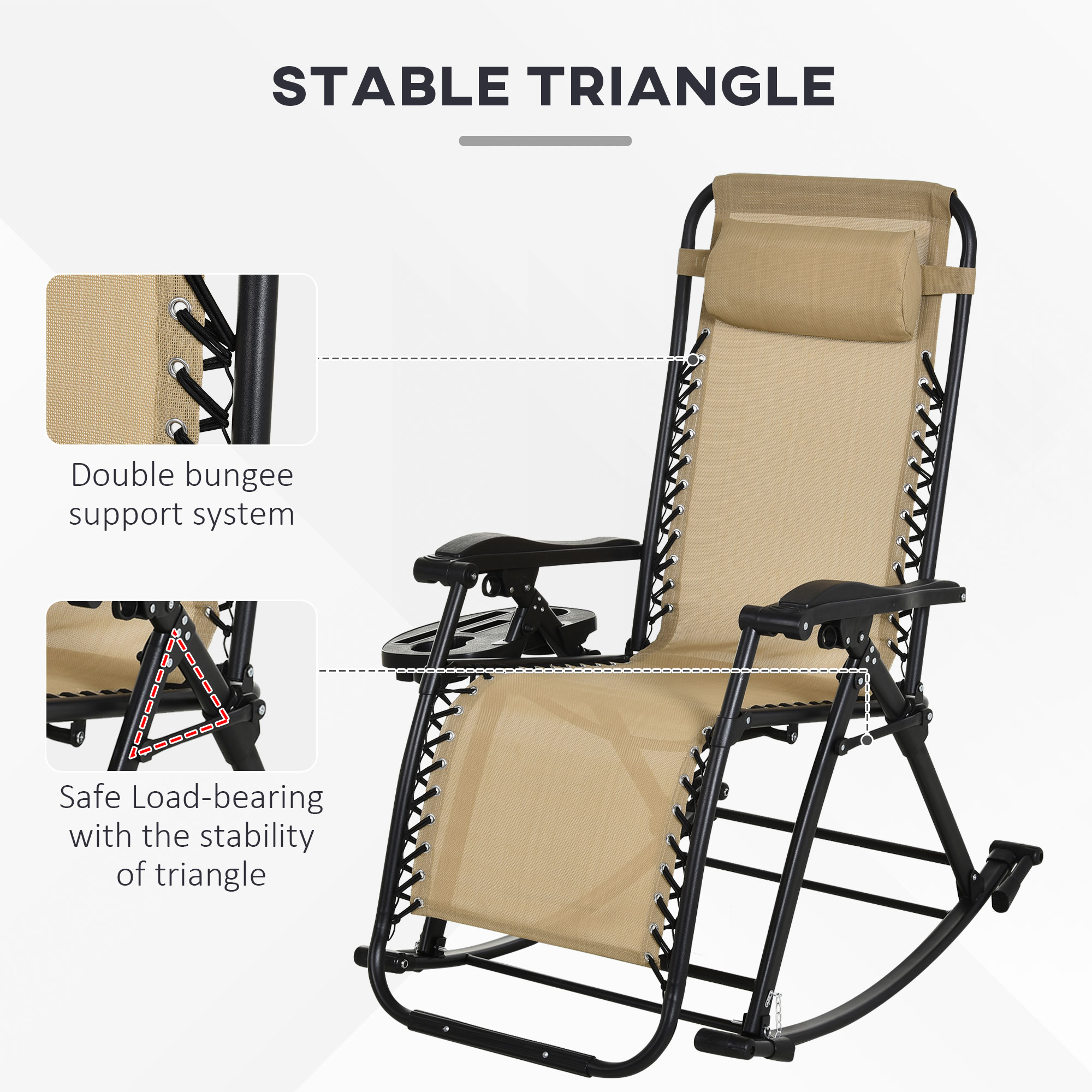  2 Outdoor Rocking Chairs Foldable Reclining Zero Gravity Lounge Rockers w/ Pillow Cup & Phone Holder, Beige
