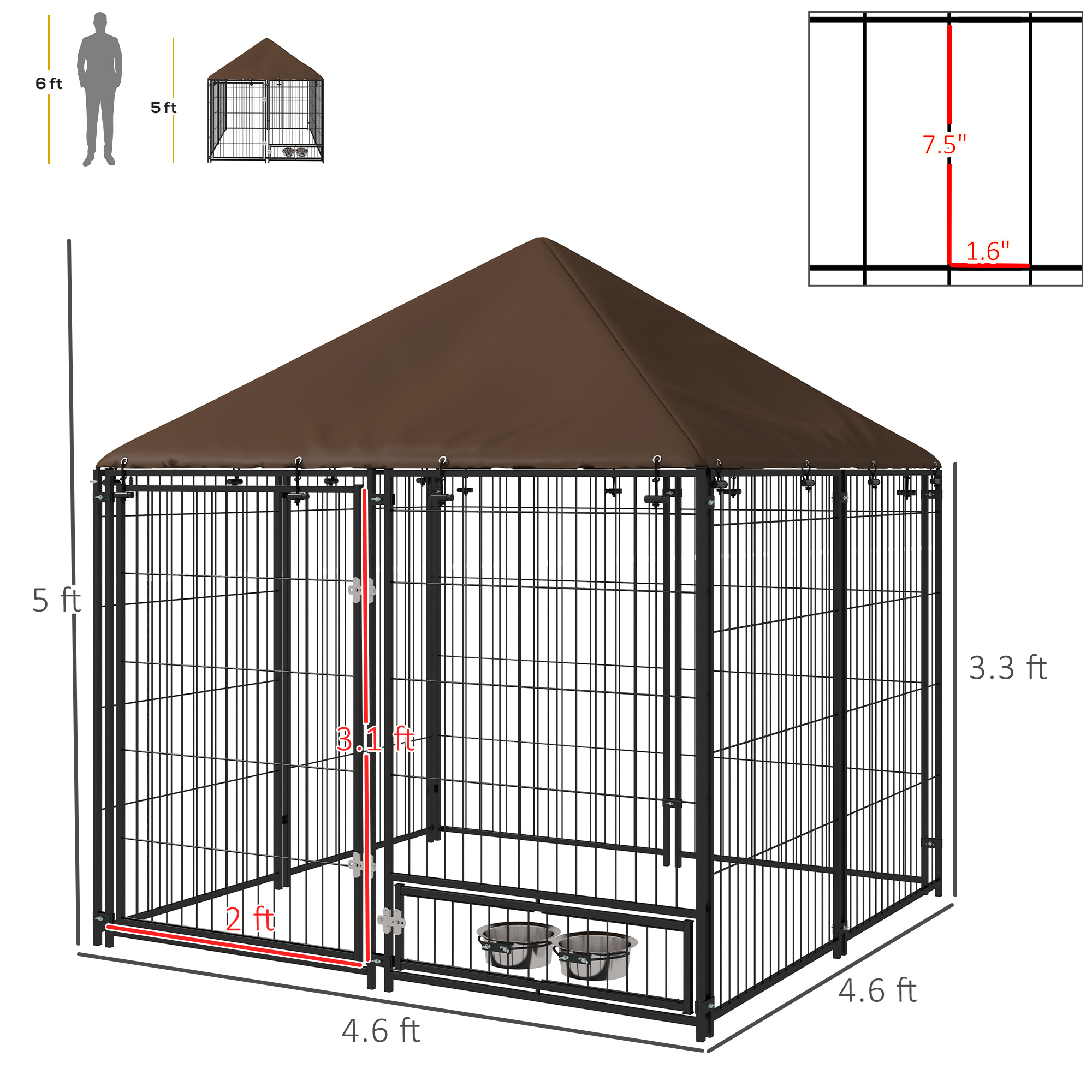  Outside Dog Kennel, 4.6' x 4.6' x 5' Puppy Play Pen with Canopy, Garden Playpen Fence Crate Enclosure Cage Rotating Bowl, for Dogs, Chickens, Ducks, Black