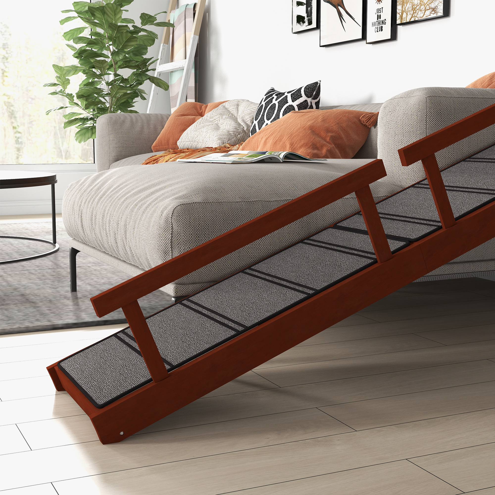  Wooden Dog Ramp with Removable Guardrails, Non-Slip Surface, 73" Long, Brown