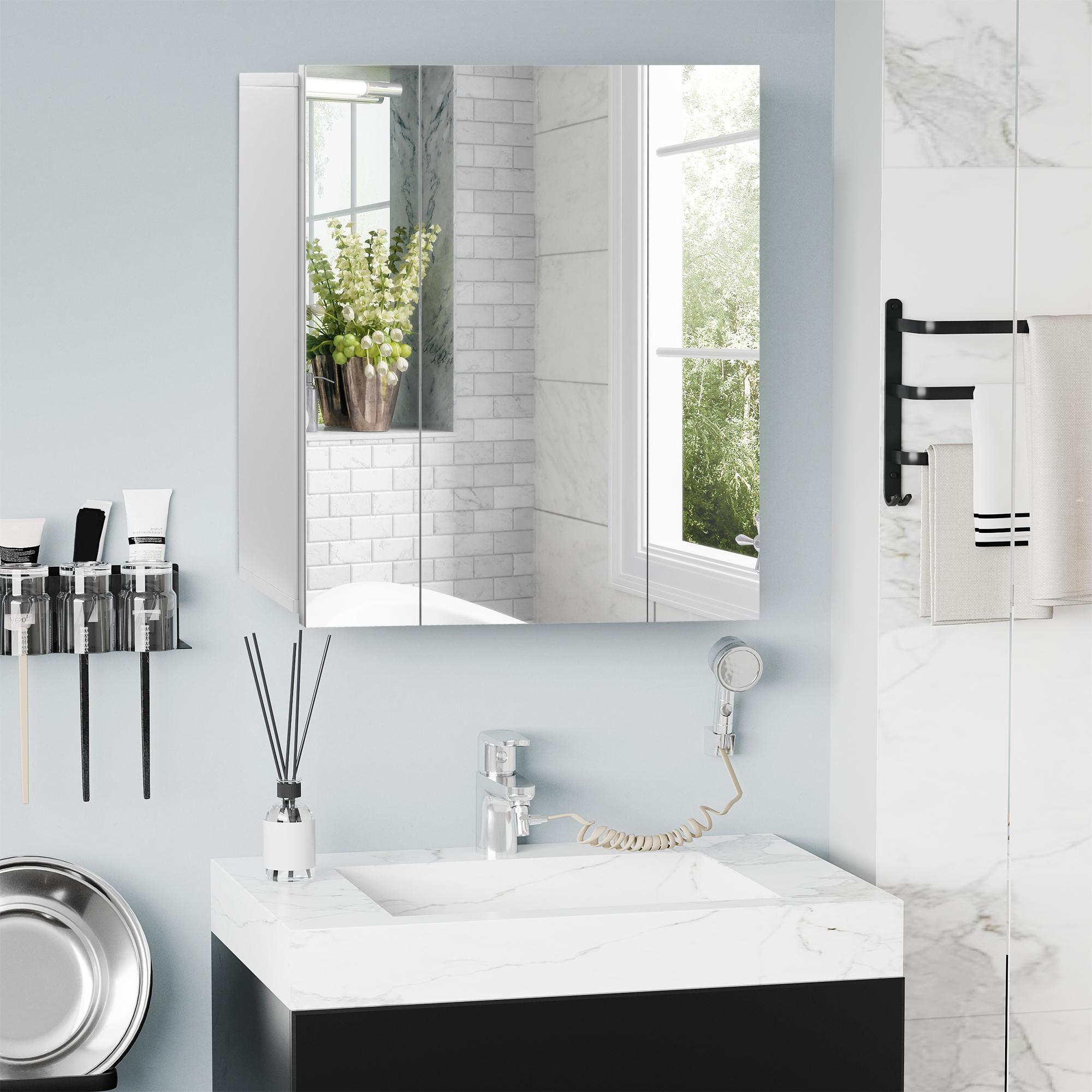  Wall Mounted Mirror Cabinet, Bathroom Medicine Cabinet with Mirror, 3 Doors and Adjustable Shelves, White