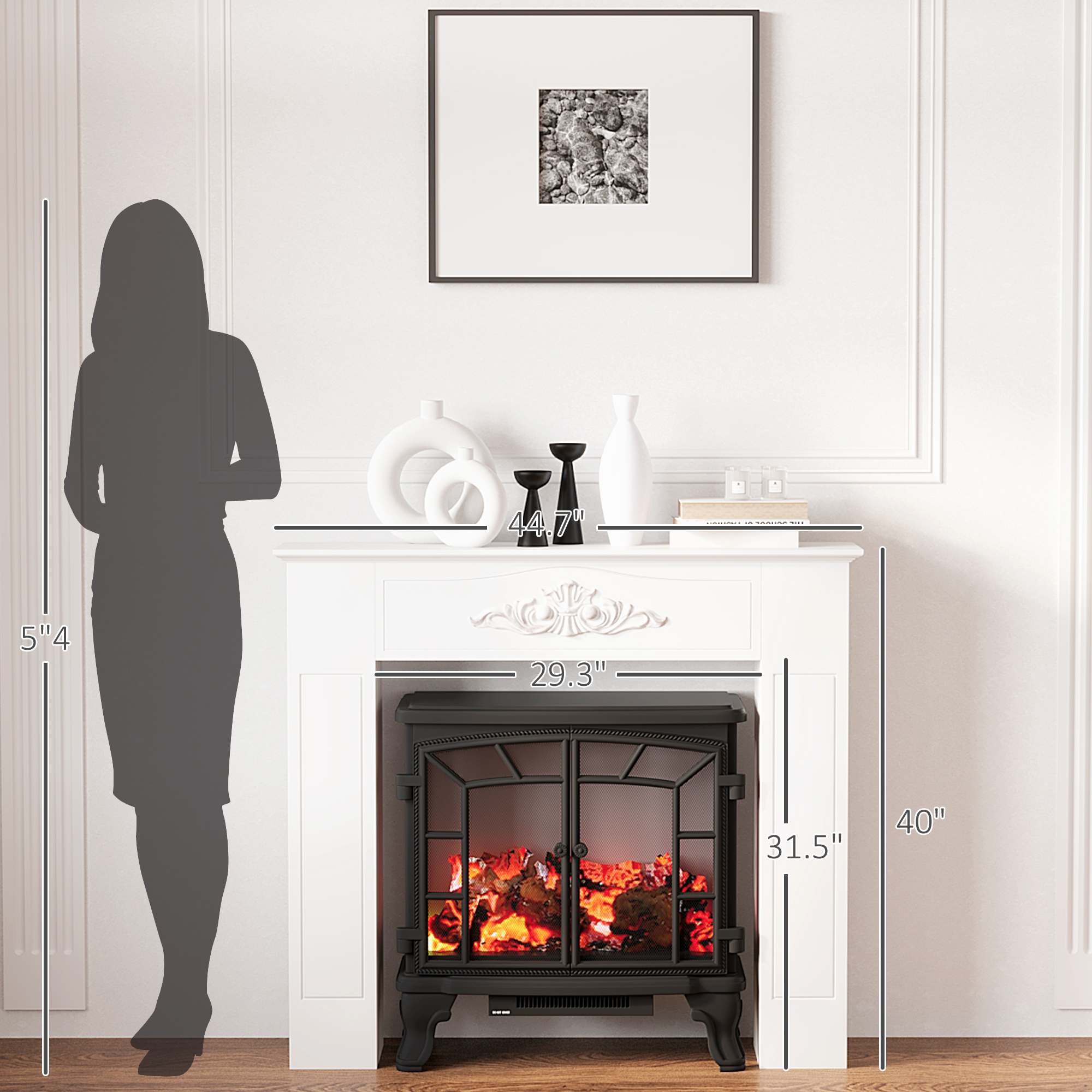  Modern Fireplace Mantel, Freestanding Fireplace Surround with Leg for Electric Fireplaces, 44.7" W x 40" H, White
