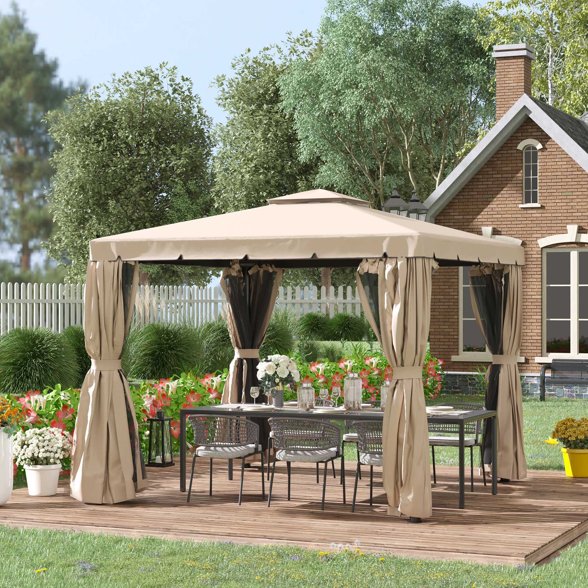 10 x 10 Patio Gazebo, Aluminum Frame Double Roof Outdoor Gazebo Canopy Shelter with Netting & Curtains, for Garden, Lawn, Backyard and Deck, Khaki