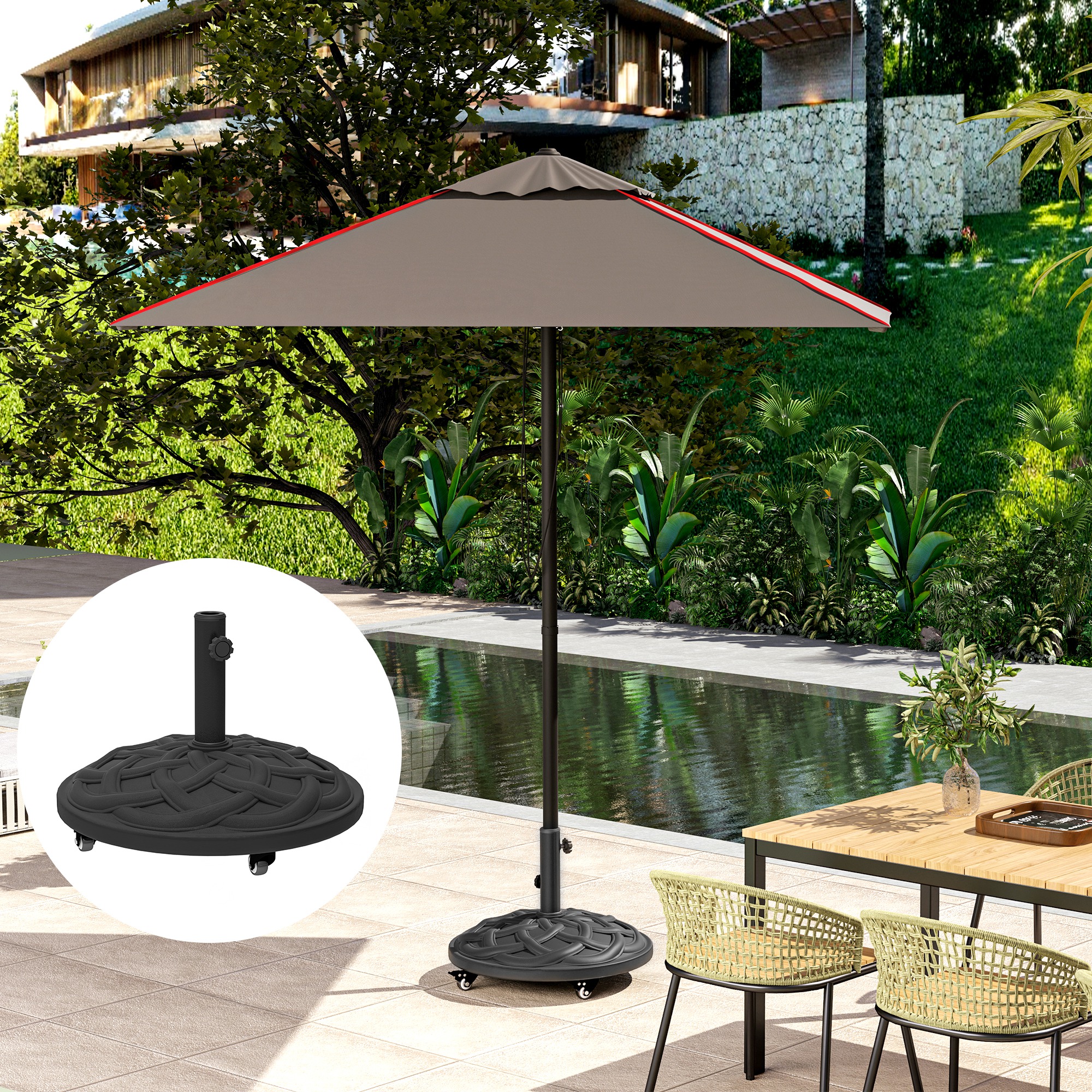 Round Patio Umbrella Base with Wheels, 44 lbs Resin Umbrella Stand Base, Heavy Duty Patio Umbrella Holder for 1.3″/1.5″/1.9″ Umbrella Poles for Outdoor, Lawn, Poolside, Black