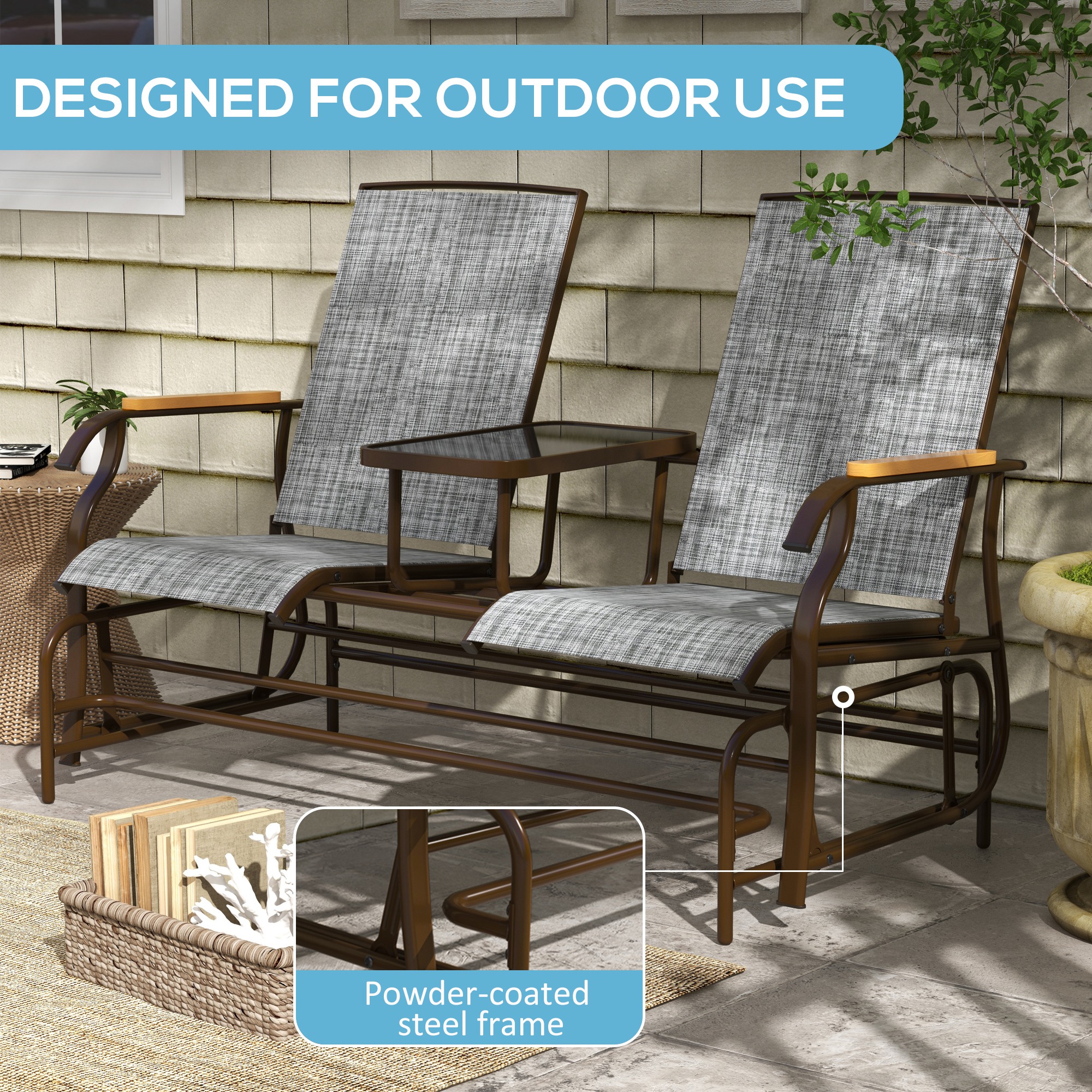 Outdoor 2-Person Glider Bench, Outside Glider Swing Chair Loveseat with Table, Steel Frame, Gray - Image 2