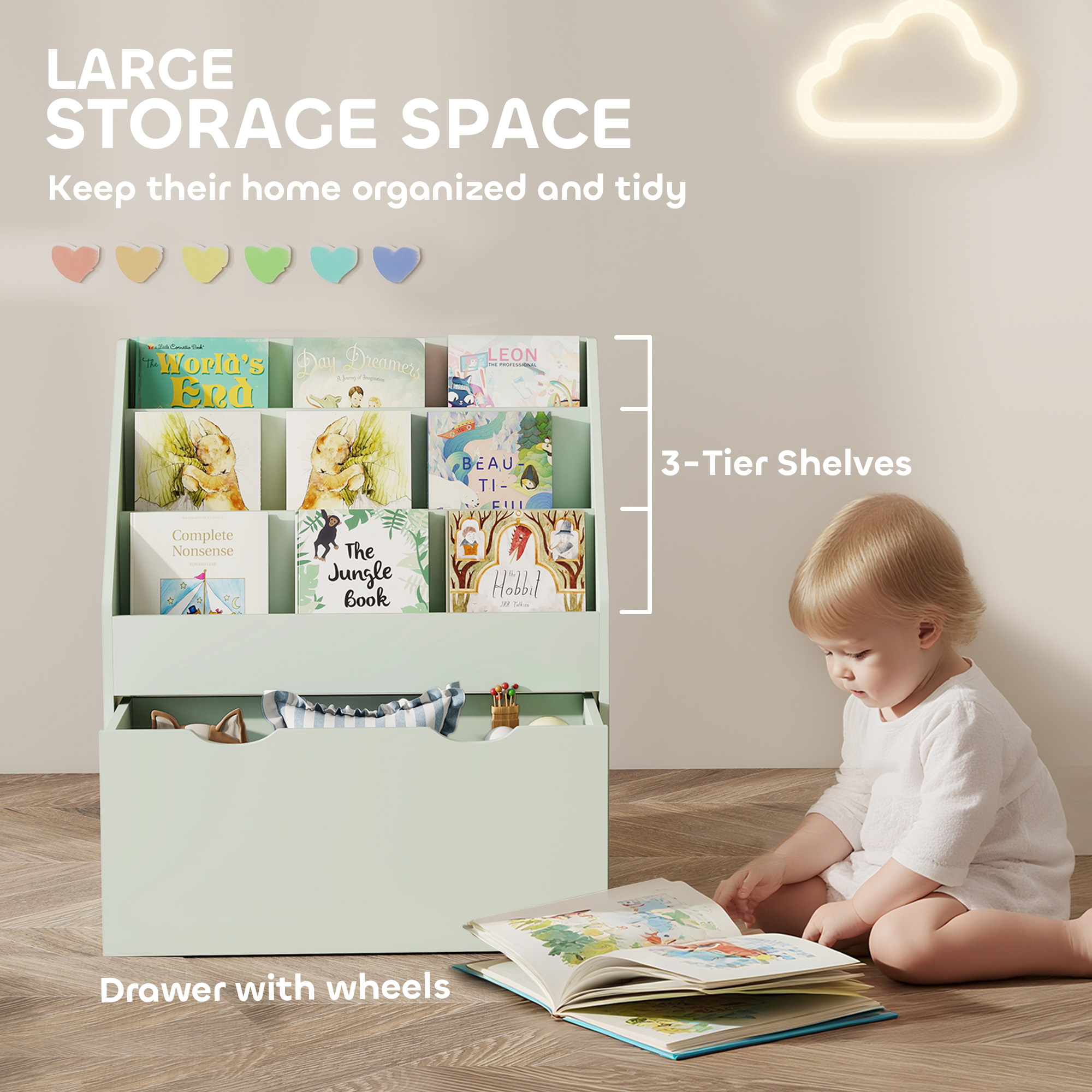 Bookcase For Kids With Shelves, Drawer, Bedroom, Playroom, Green — image 4