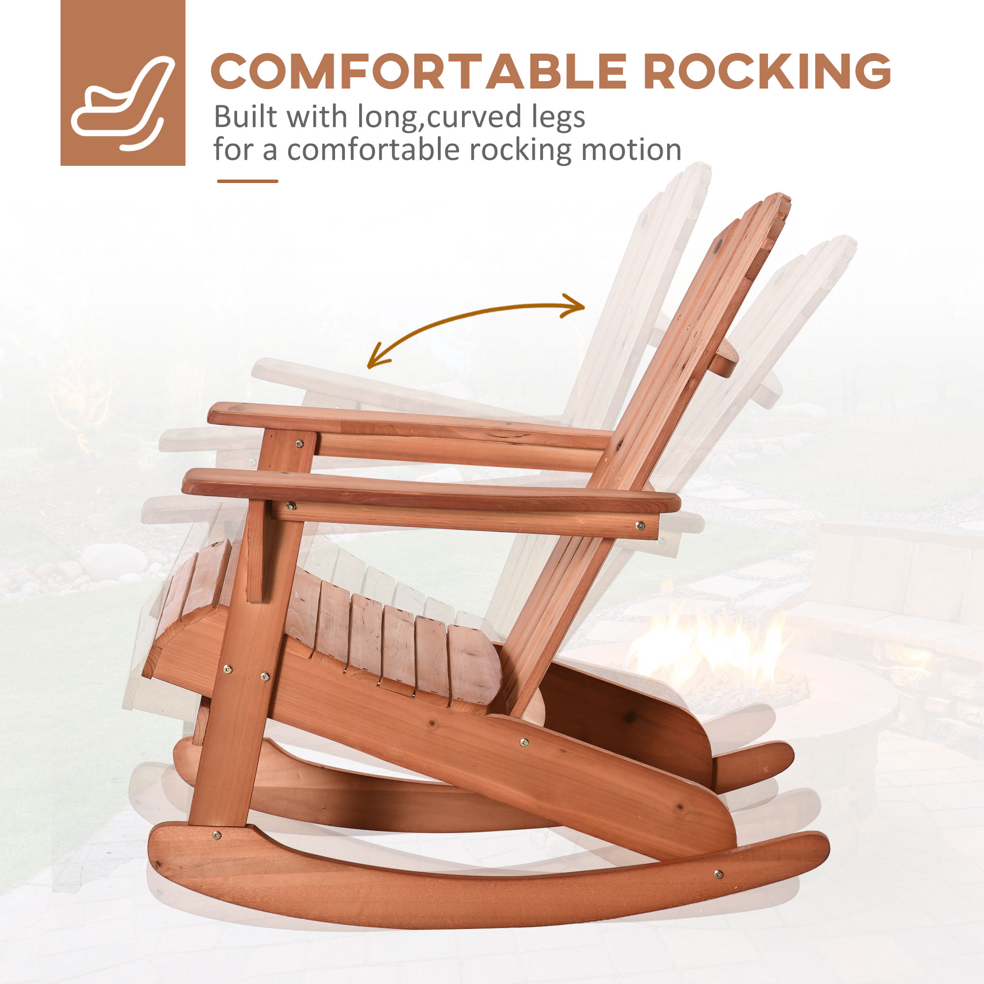  Adirondack Rocking Chair, with Slatted Wooden Design, Fanned Back, Ergonomic Armrests, & Classic Rustic Style, For Porch, Patio, Backyard, Teak