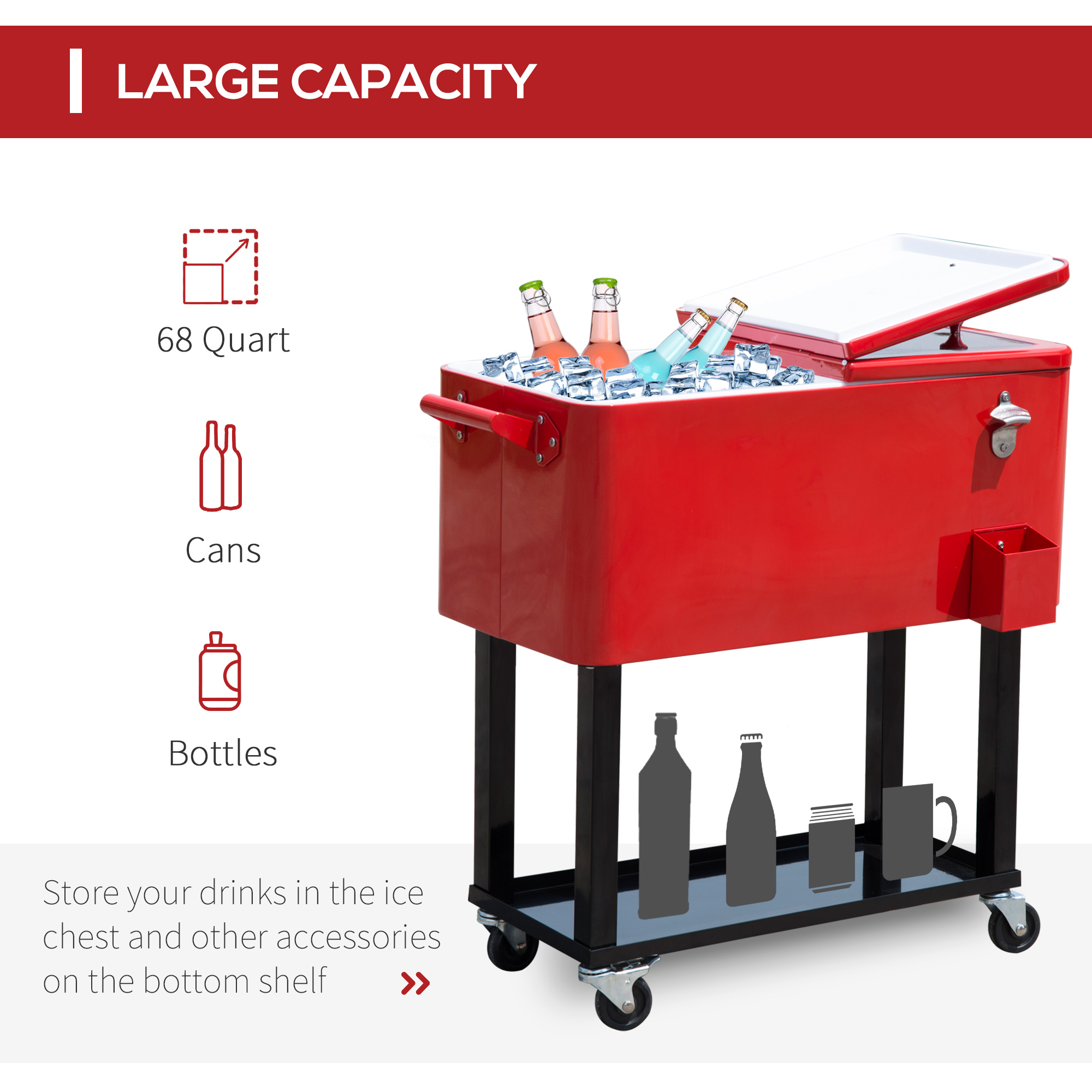  80 QT Rolling Cooling Bins Ice Chest on Wheels Outdoor Stand Up Drink Cooler Cart for Party, Red