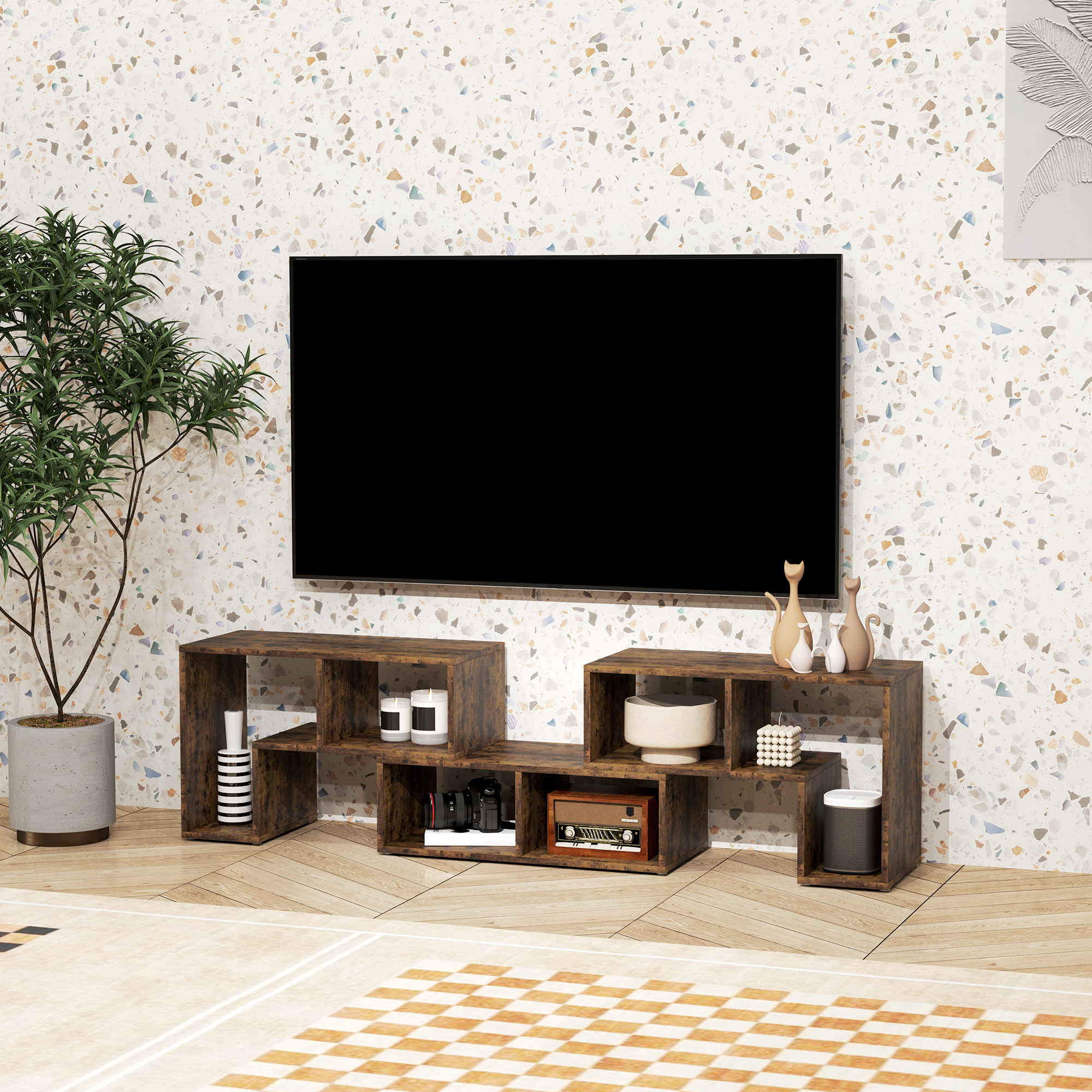 Rustic Dark Brown TV Stand with Open Shelves