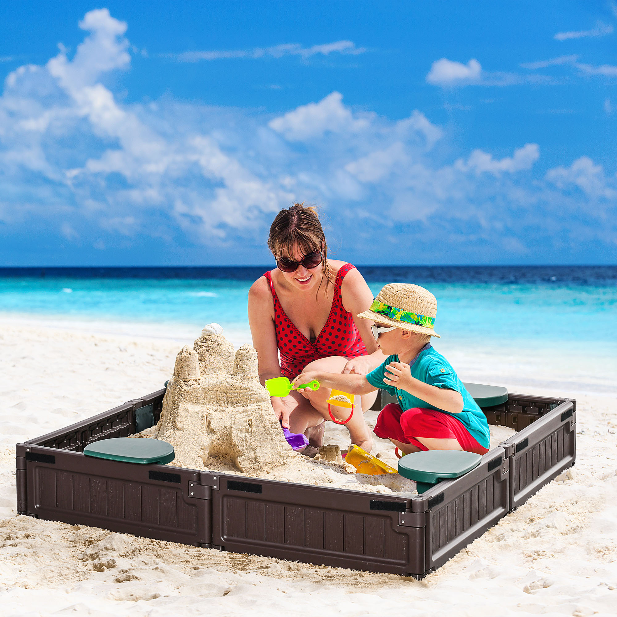 Kids Outdoor Sandbox with Cover Garden Bed, Easy Assembly for Backyard, Brown, 48.5" x 48.5" x 8.25"