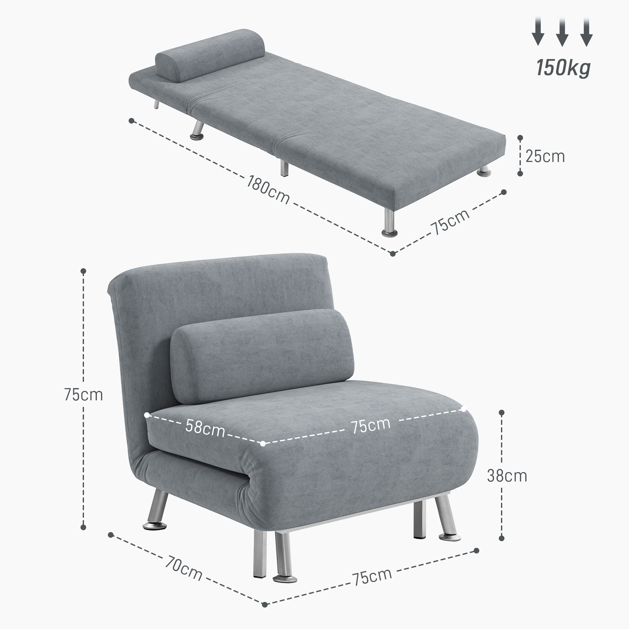 Single Velvet-Feel Sleeper Chair - Grey — image 4