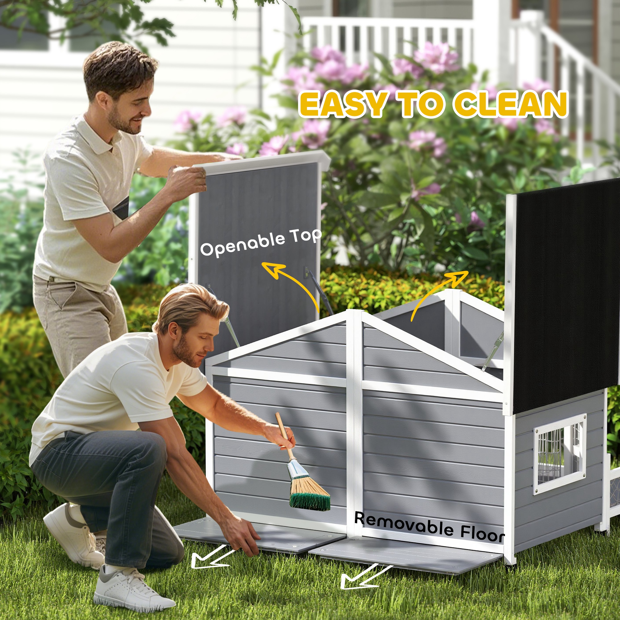  Dog House Outdoor, Wooden Dog Kennel Weatherproof with Porch, Openable Roof, Removable Bottom, Elevated Floor, Double Room for 2 Small to Medium Breeds, Gray