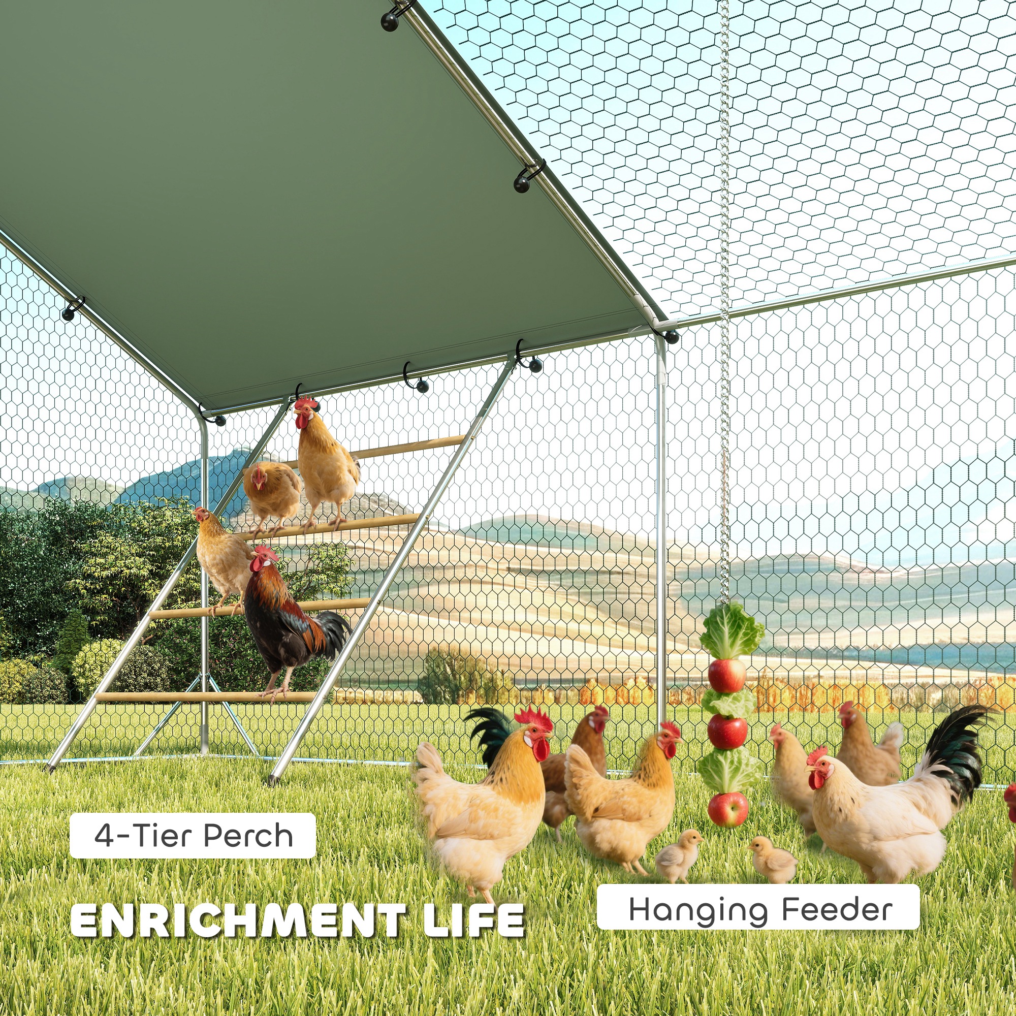  Metal Chicken Run w/ Waterproof & Anti-UV Cover, Feeding Door, Hanging Feeder, for 18-24 Chickens, 9.8' x 19.7' x 6.4'