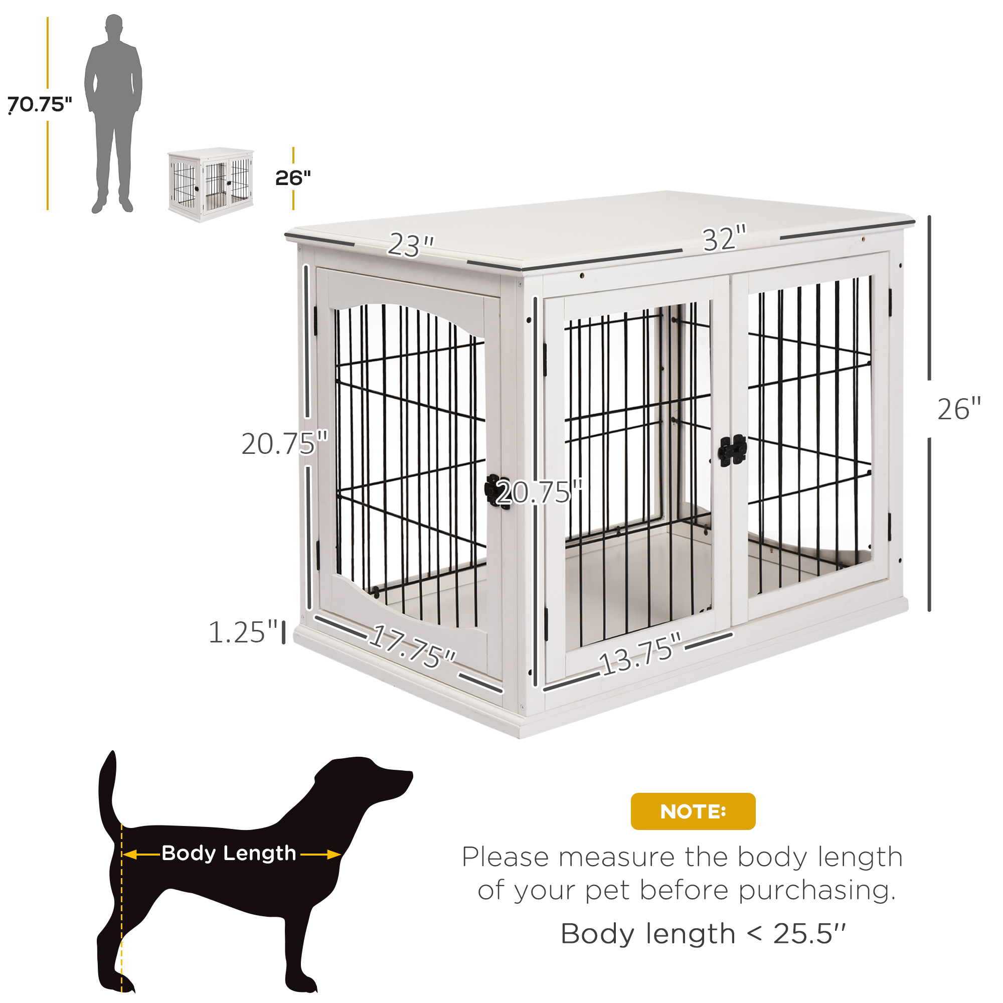  Dog Crate Furniture, 32" Small Dog Cage End Table with 2 Doors, Lockable Door, Puppy Kennel Indoor, White