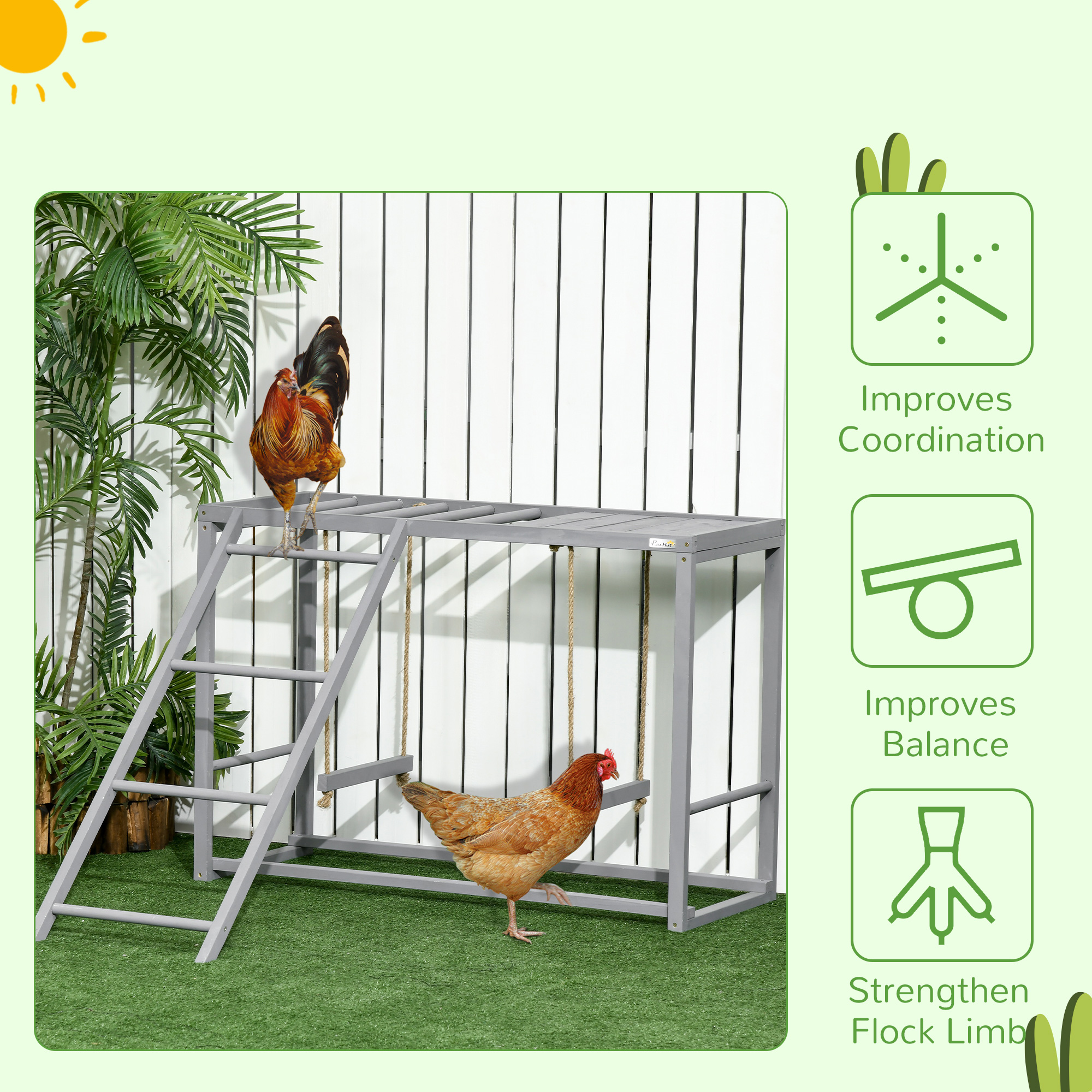  Chicken Activity Play with Swing Set for 3–4 Birds, Wooden Chicken Coop Accessory with Multiple Perches & Hen Ladder, Gray