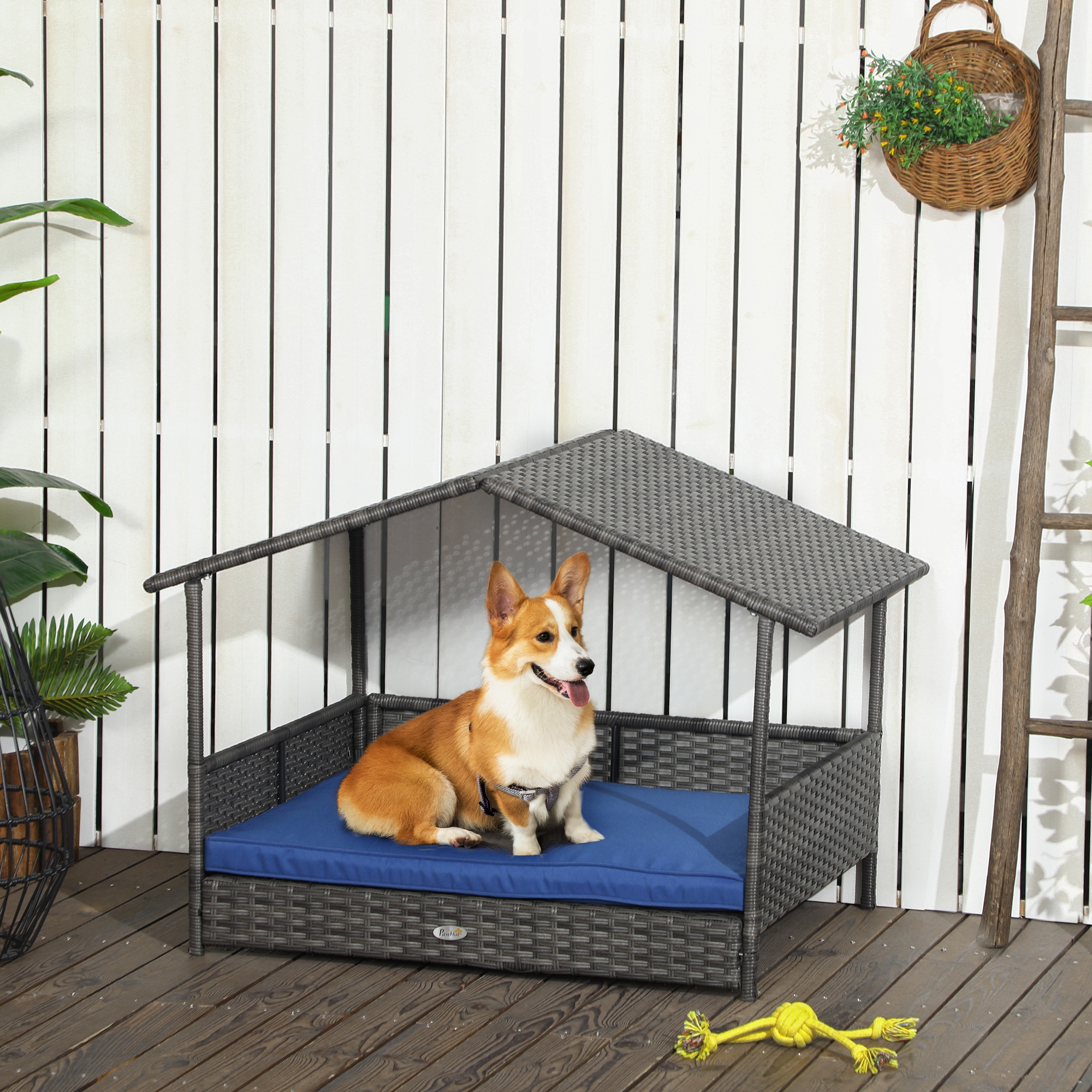  Wicker Dog House with Removable Cushion Lounge, Dark Blue