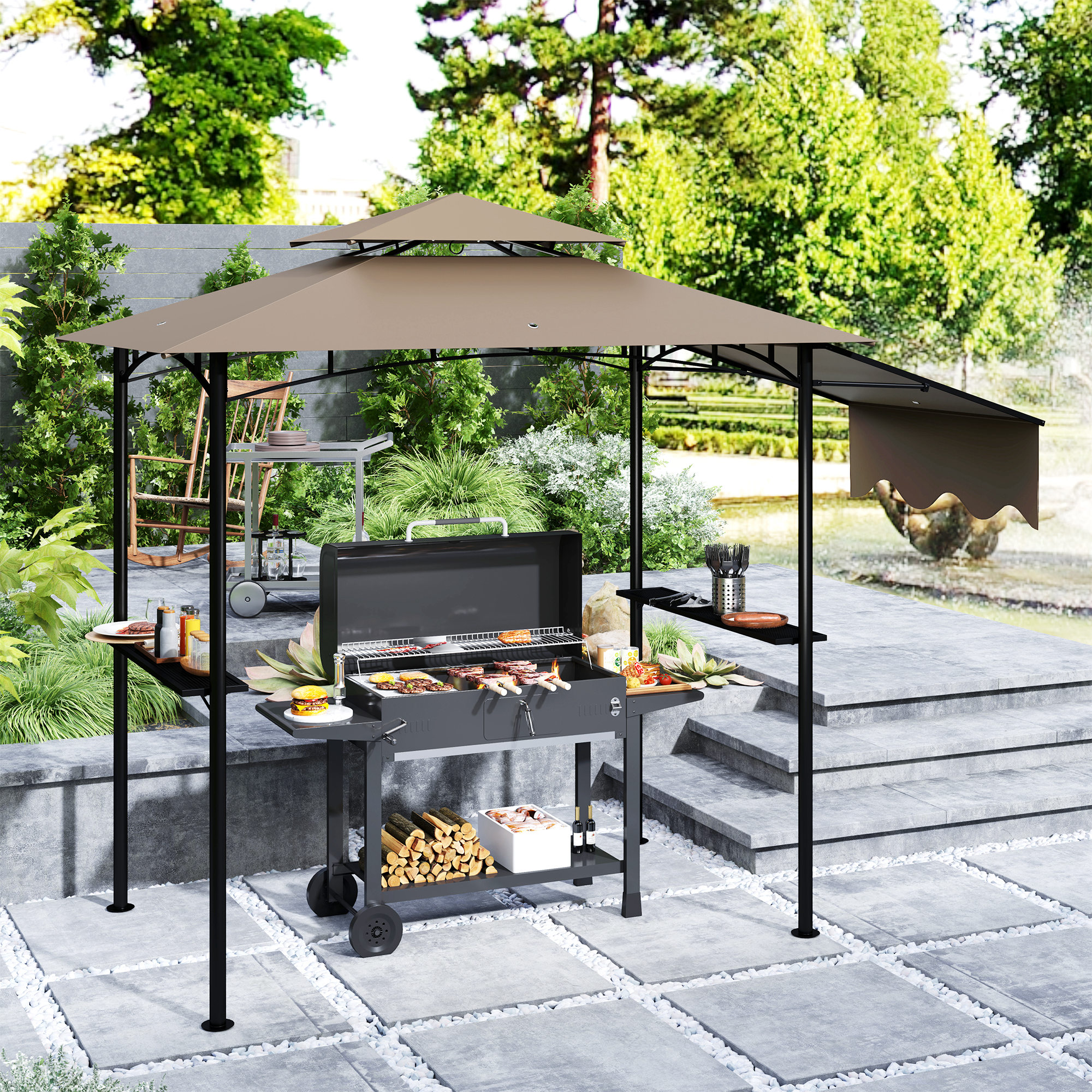 8 x 5 Outdoor Grill Gazebo, Barbecue Gazebo Shelter with Side Awning, 2 Side Shelves and 6 Hooks, Brown