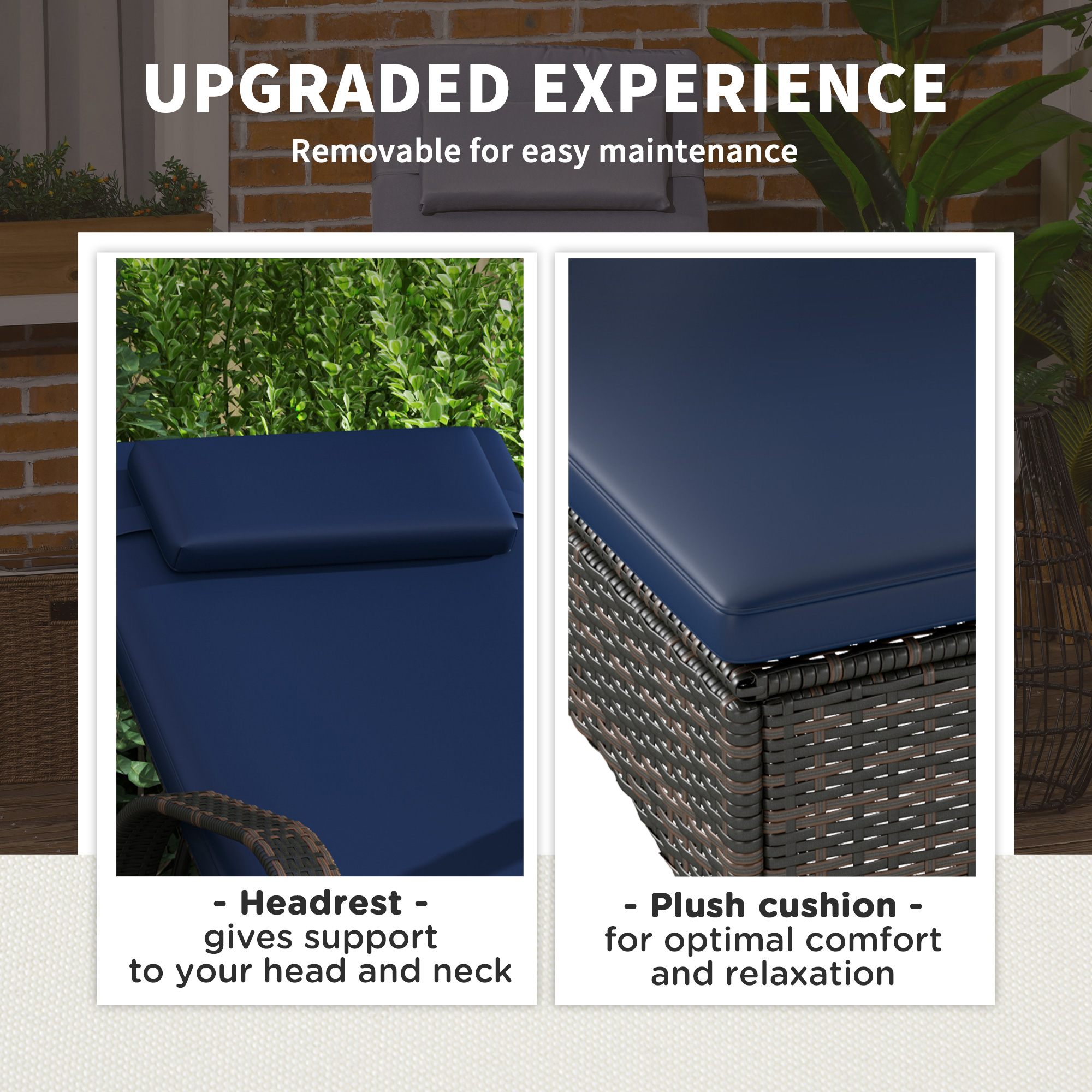  2 Reclining Chaise Lounge Chairs, Rolling Outdoor Chairs with Cushion, Pillow, Headrest, Armrests, and Wheels, Dark Blue