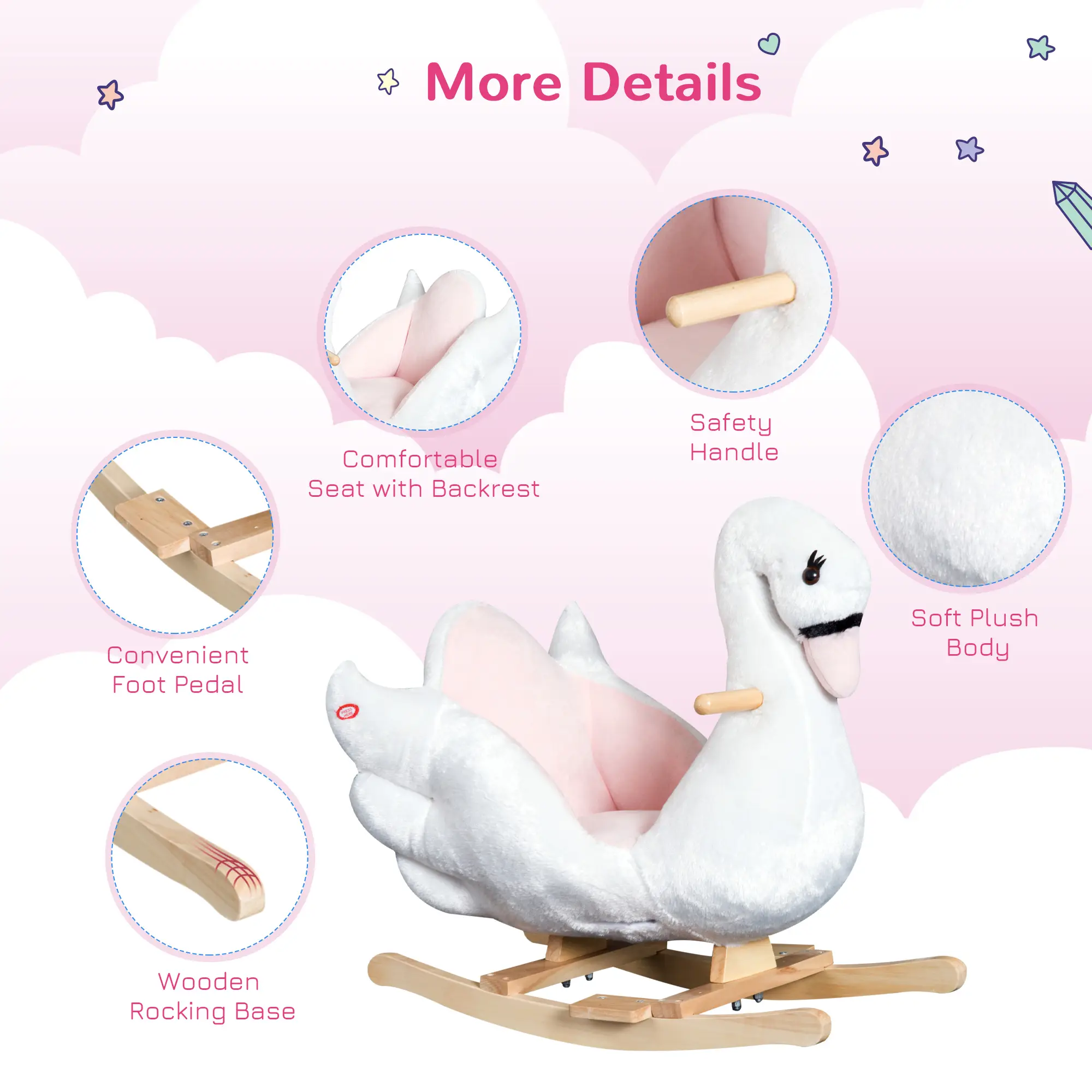 Kids Ride On Rocking Horse Plush Swan Style Toy with Music for Over 18 Months Children, White and Pink