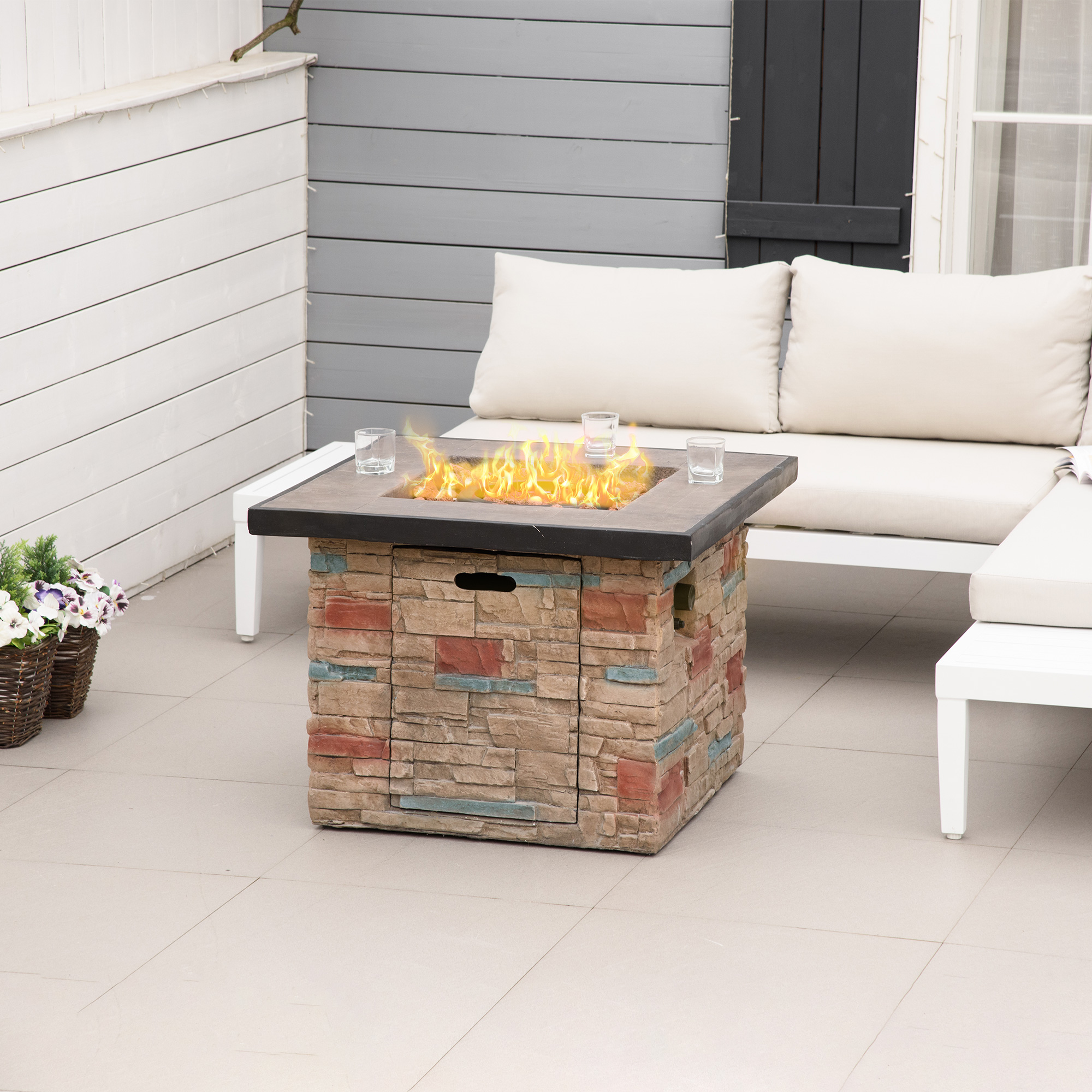  32 Inch Outdoor Propane Gas Fire Pit Table, 50,000 BTU Auto-Ignition Square Faux Ledge Stone Gas Firepit with Lava Rocks and Rain Cover, CSA Certification, Brown - Image 1