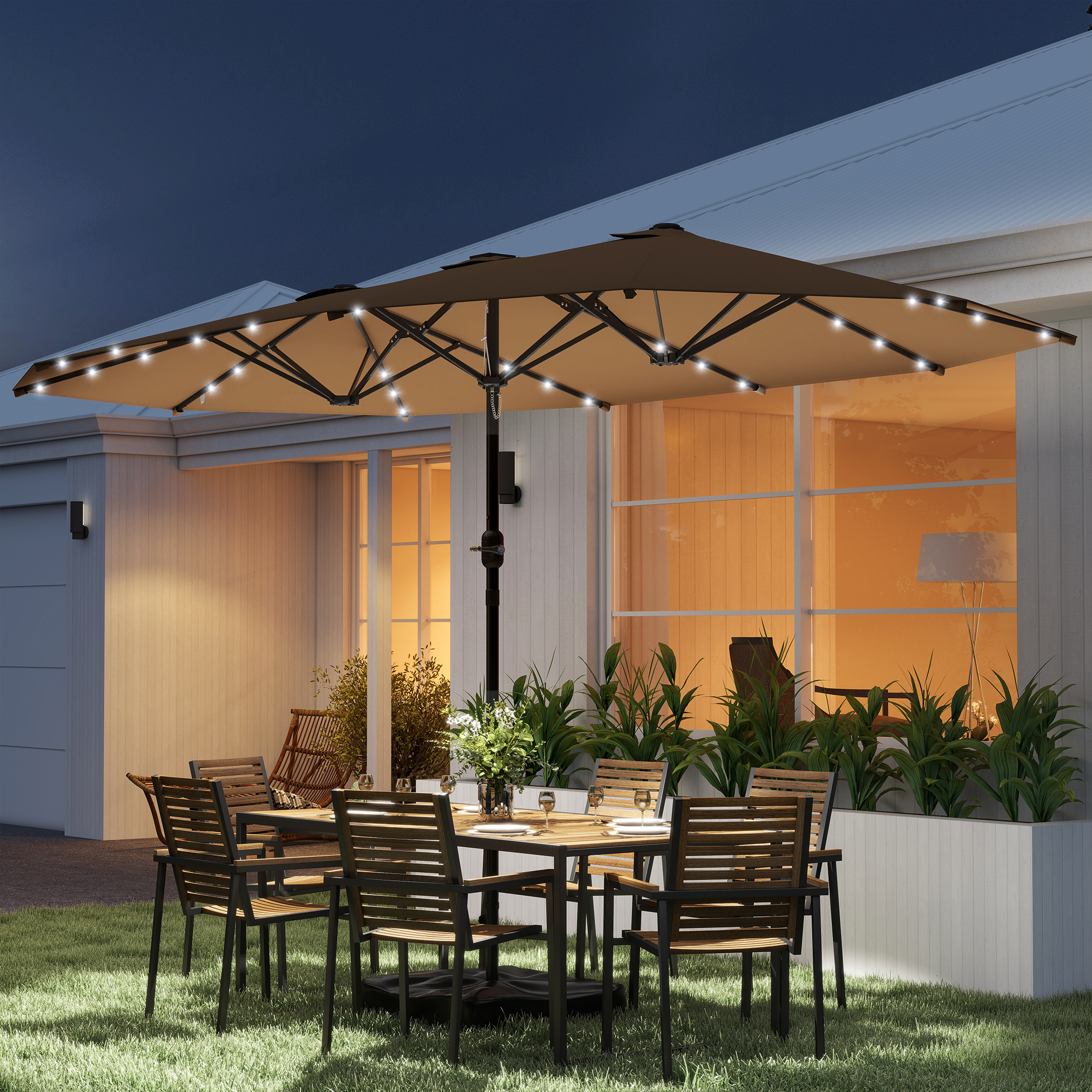 Garden Parasol 14.4 ft. Double-Sided Sun Umbrella with Base, Patio Parasol with LED Solar Lights, Khaki