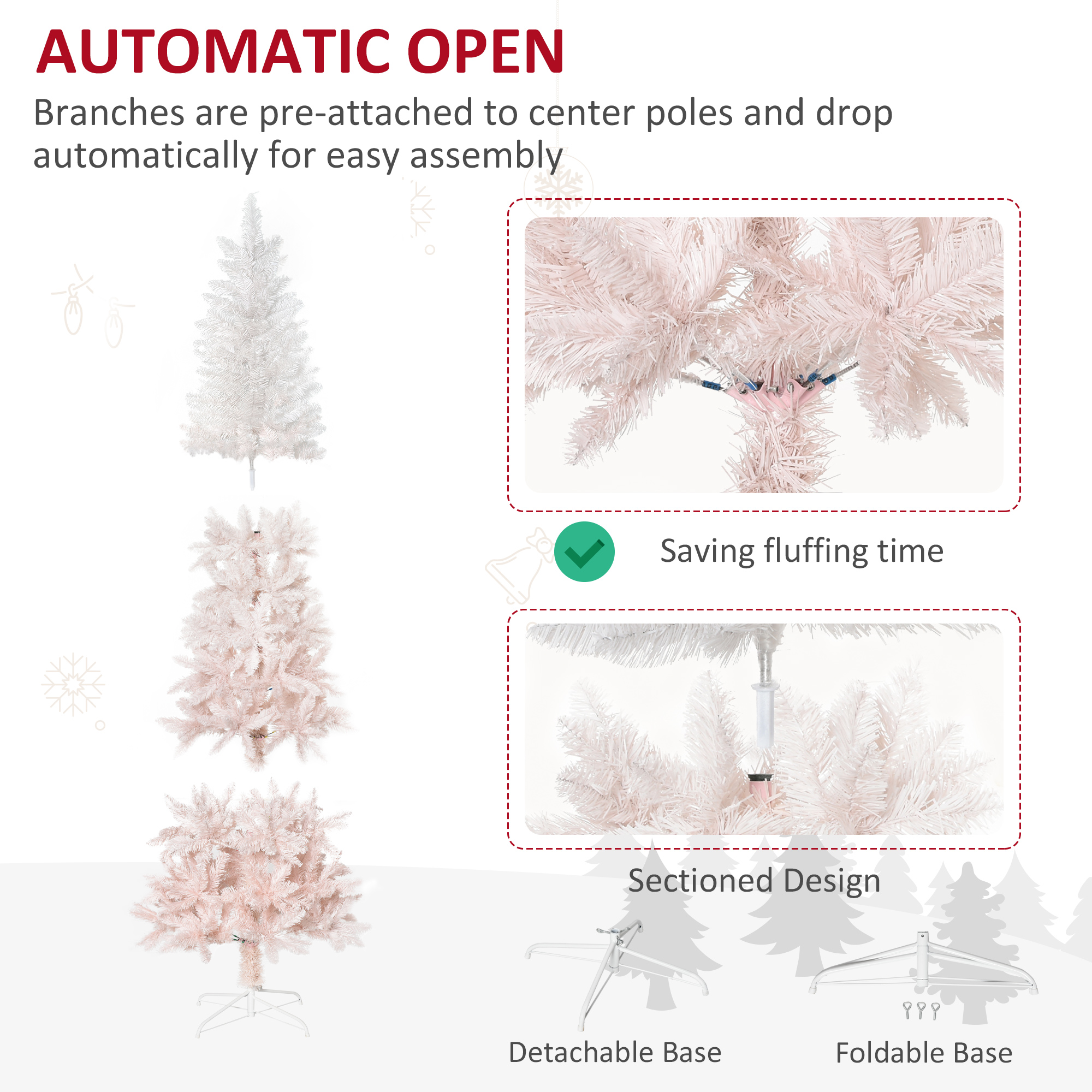  6' Tall Unlit Pencil Fir Artificial Christmas Tree with Realistic Branches and Steel Base, Pink and White