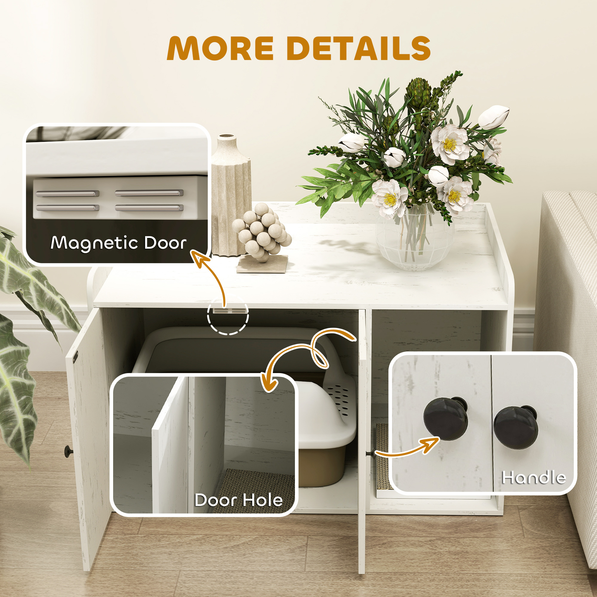  32" Cat Litter Box Enclosure with Scratching Mat, Cat Entrance, Fit Most of Cat and Litter Box, Distressed White