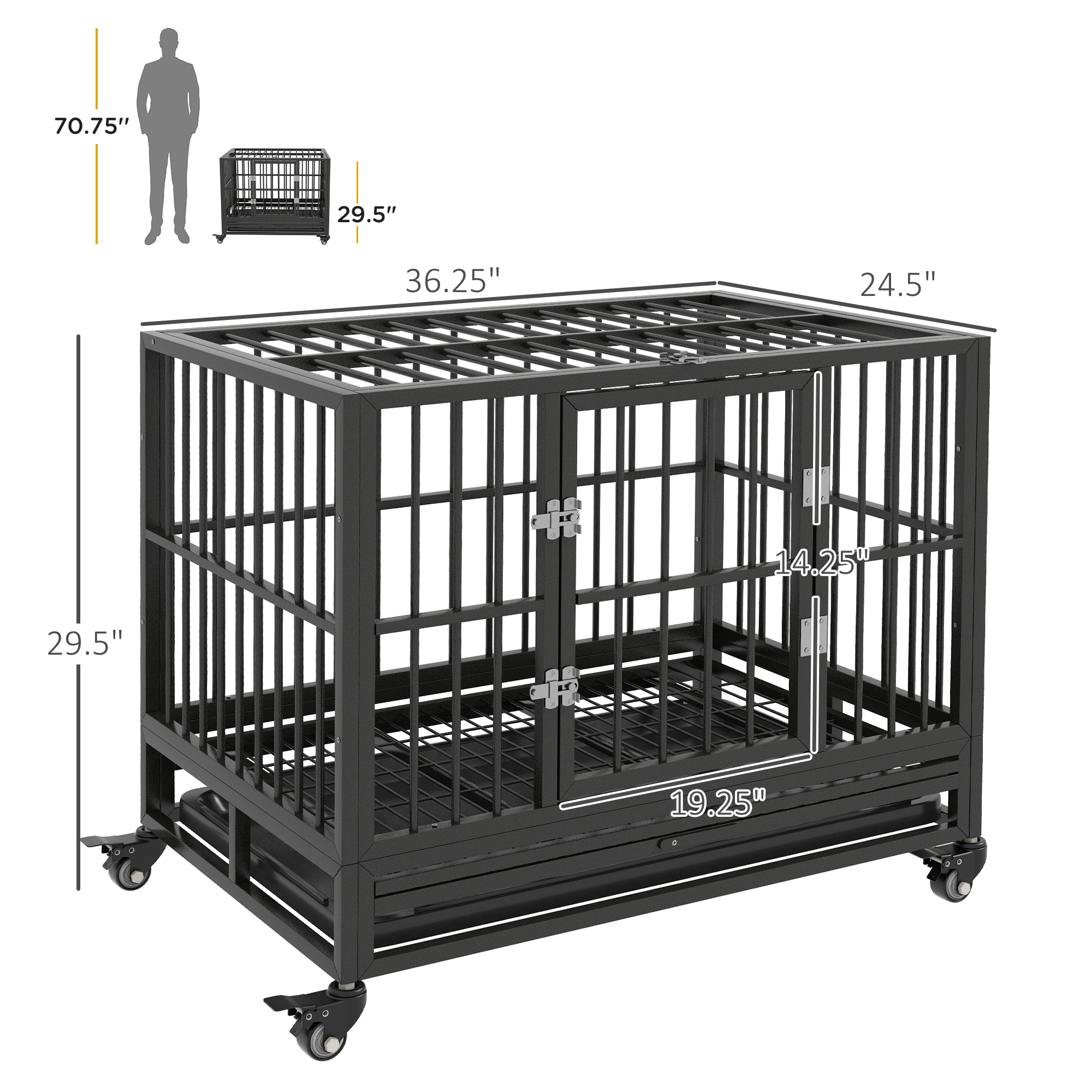  36" Heavy Duty Dog Crate Metal Cage Kennel with Lockable Wheels, Double Door and Removable Tray, Gray