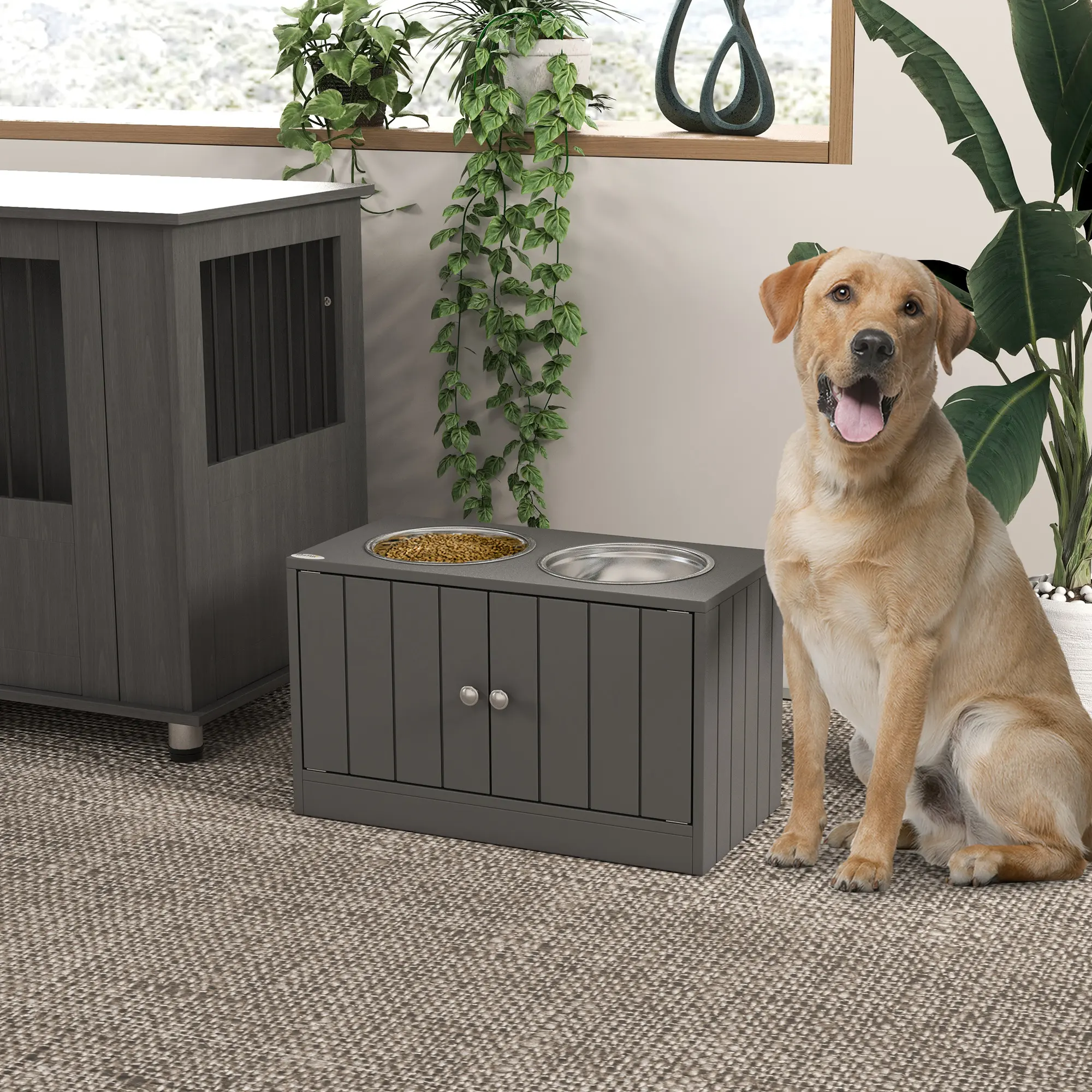 Elevated Dog Bowls with Storage Cabinet Containing
