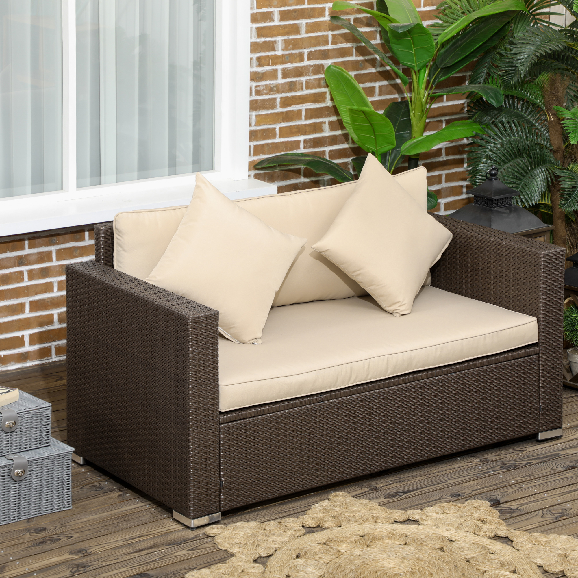  Outdoor Wicker Loveseat, Patio Furniture Couch with Cushions, 2 Seats PE Rattan Sofa, 2 Throw Pillows, Beige