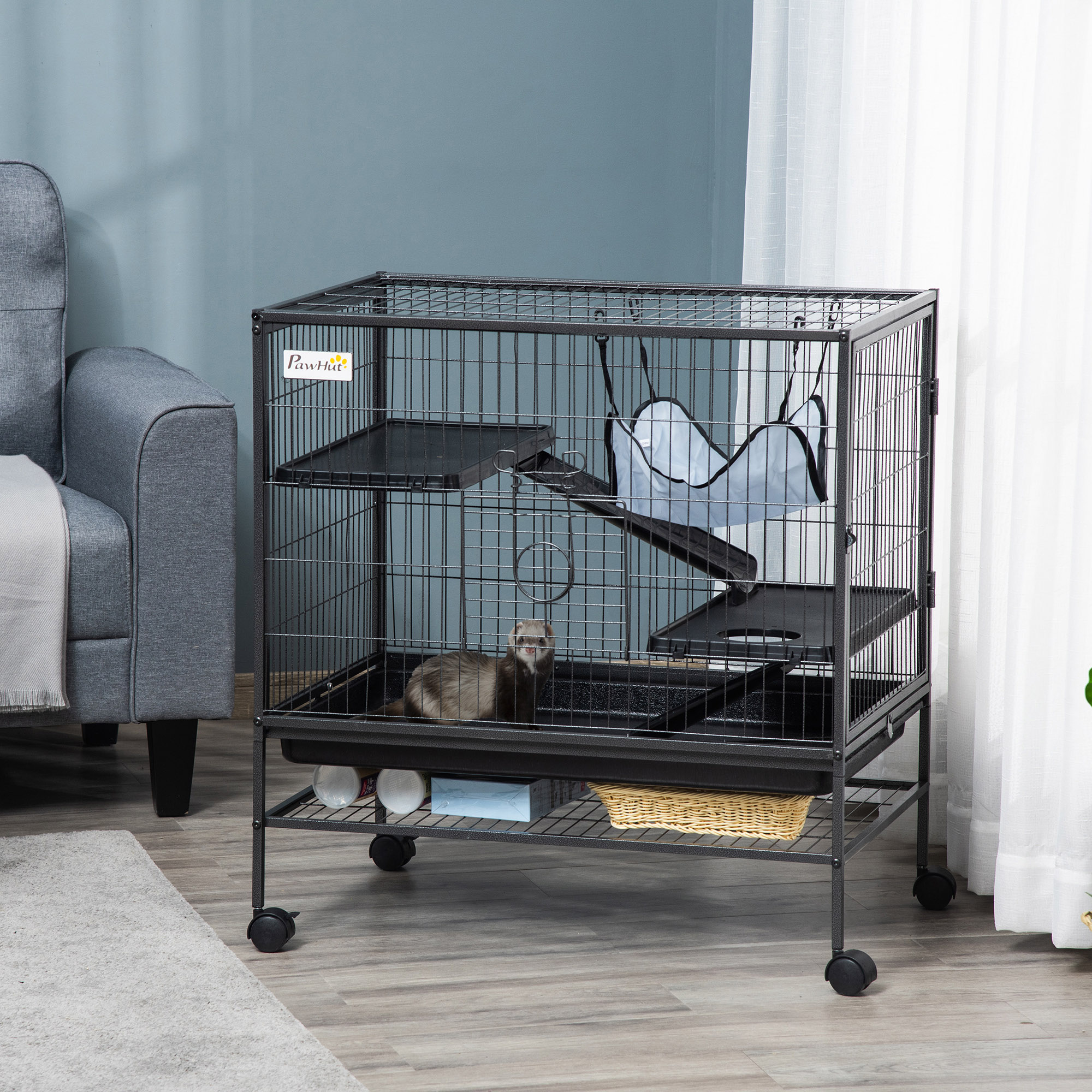  Small Animal Cage with Wheels, Pet Playpen for Rat, Syrian Hamster, Kitten, Ferrets, Chinchillas with Bottom Storage Shelf, Removable Tray, Ramp, 31.5" x 20.5" x 33.1"