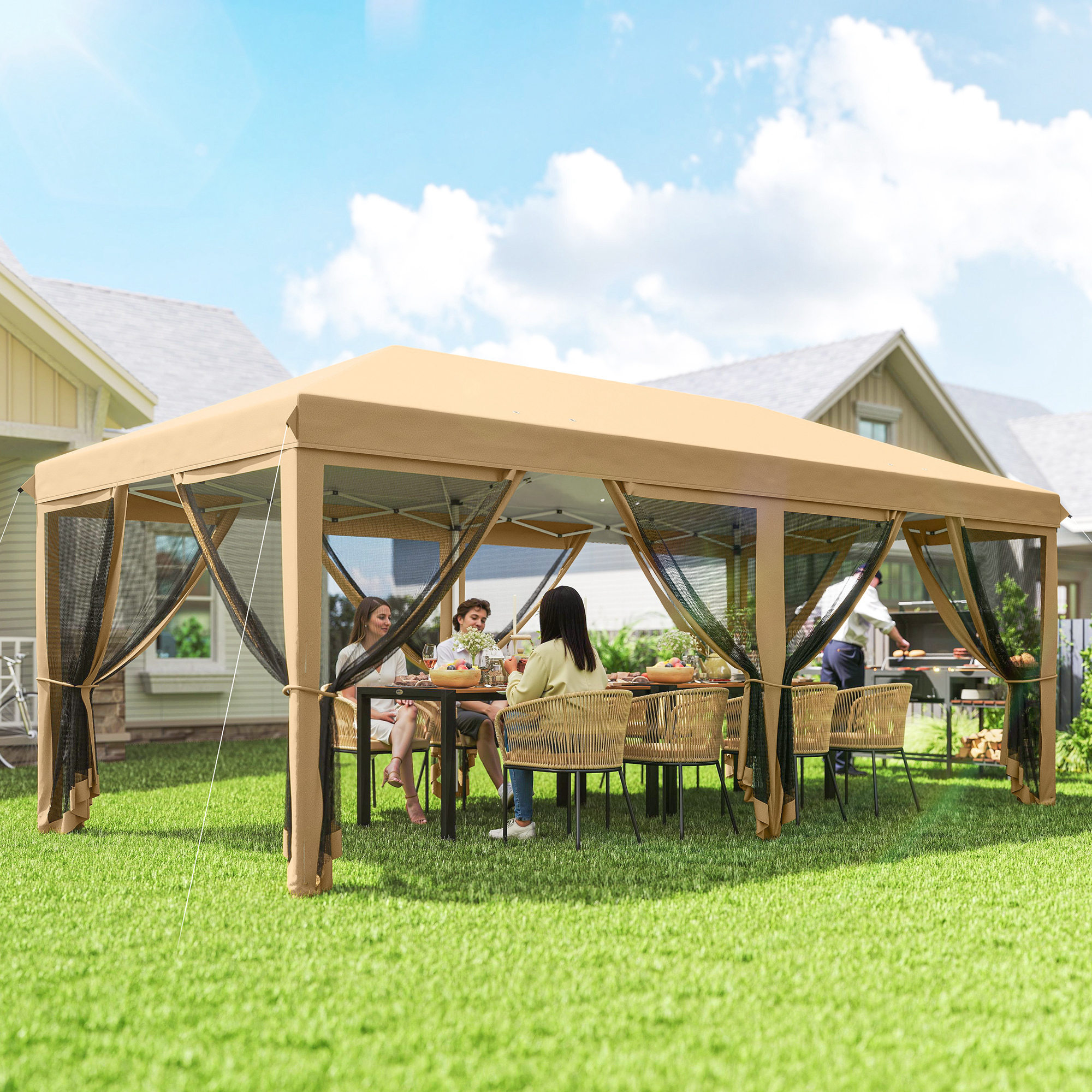 10 x 20 Pop Up Canopy Tent with Netting, Heavy Duty Instant Sun Shelter, Large Tents for Parties with Carry Bag for Outdoor, Garden, Patio, Beige