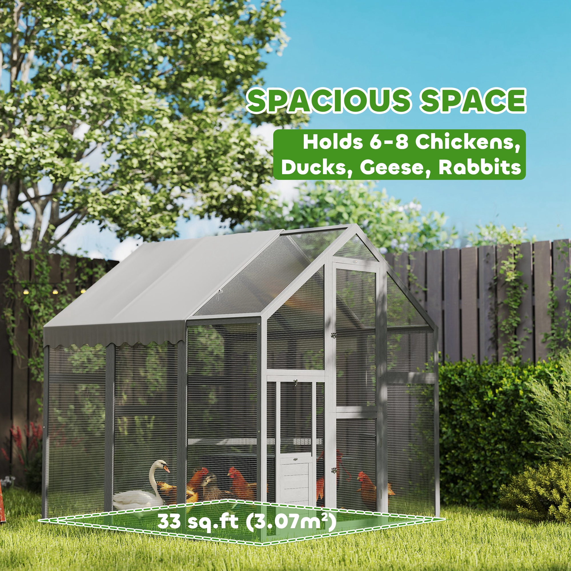  Large Wooden Chicken Run with Waterproof & Anti-UV Cover, for 6-8 Chickens, for Backyard, Farm, 5.5' x 6' x 6'