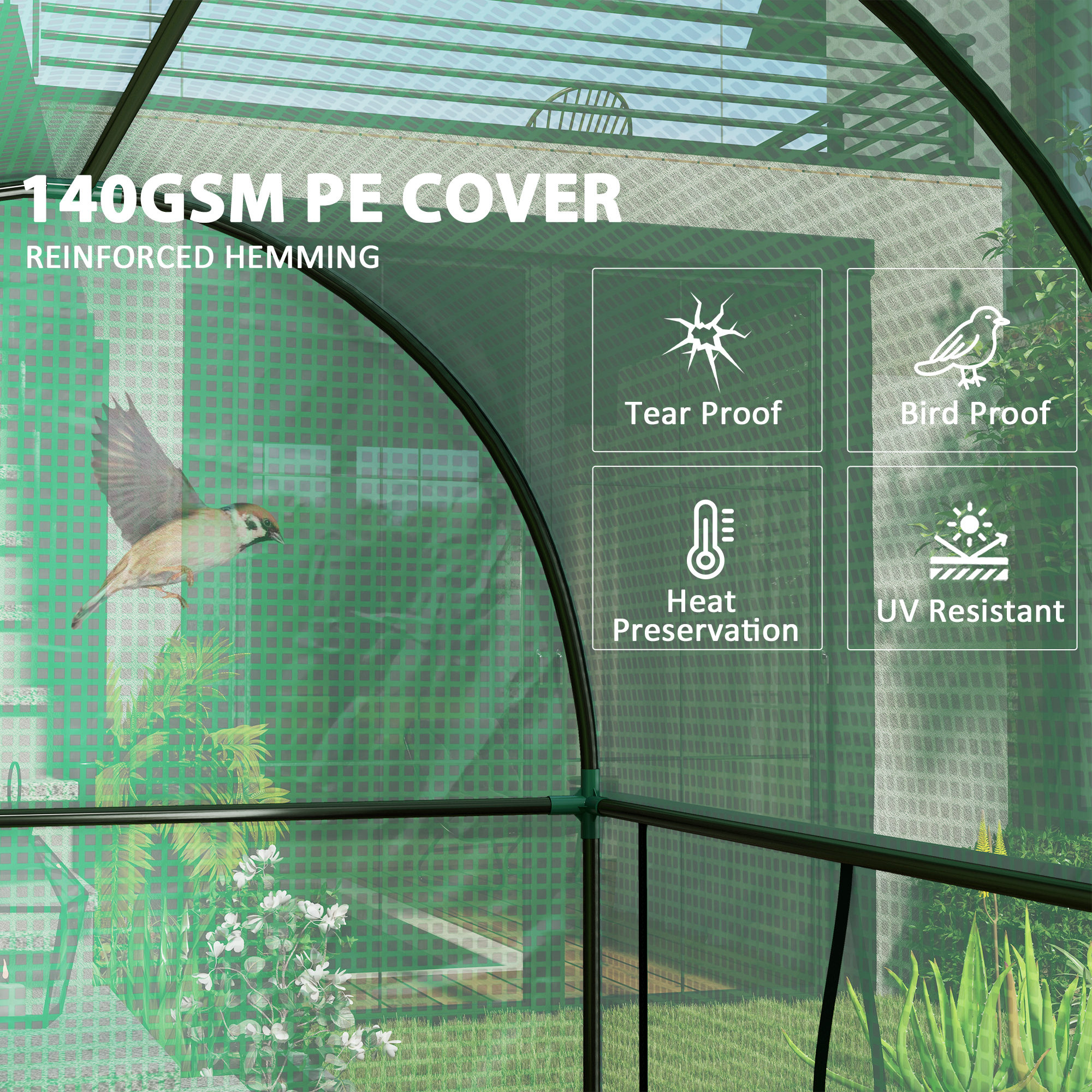 200 X 100cm Walk-In Greenhouse, With Zipped Doors - Green — image 5