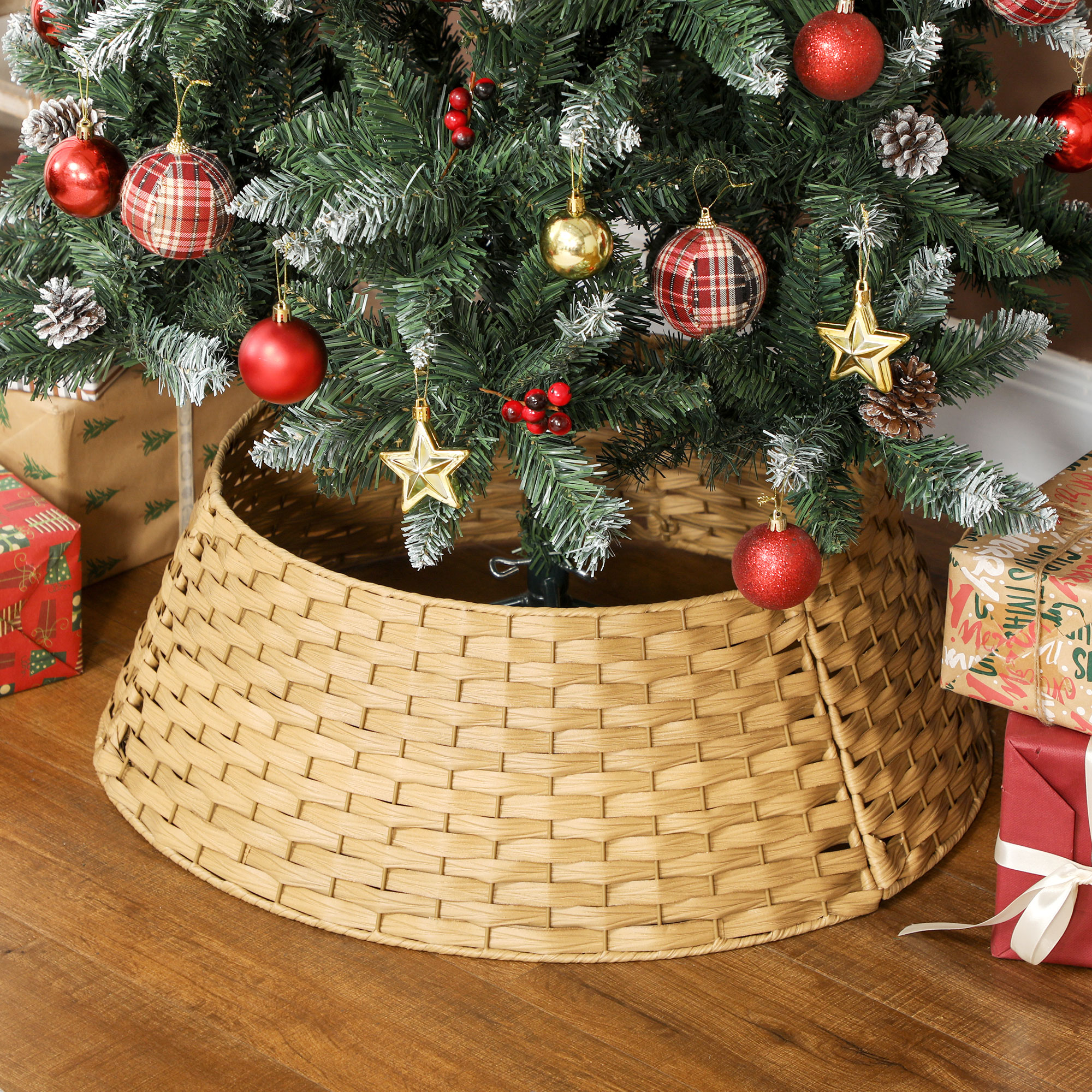  27 inch Rustic Christmas Tree Skirt, Plastic Woven Christmas Tree Collar for Party, Holiday, Home Decoration, Natural