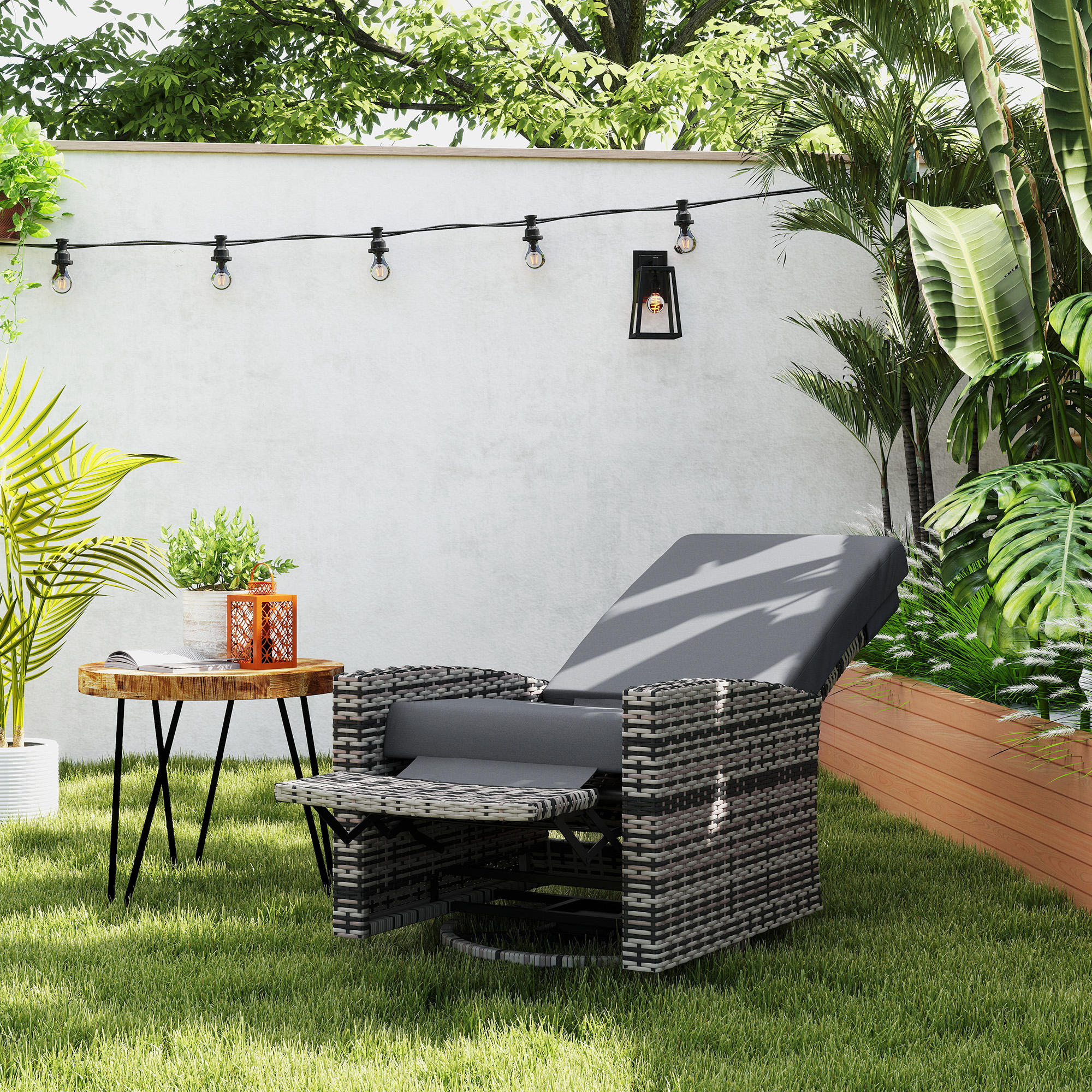 Outdoor Wicker Swivel Recliner Chair, Lifting Footrest, 360° Rotating Basic, Water-resistant Cushions, Gray