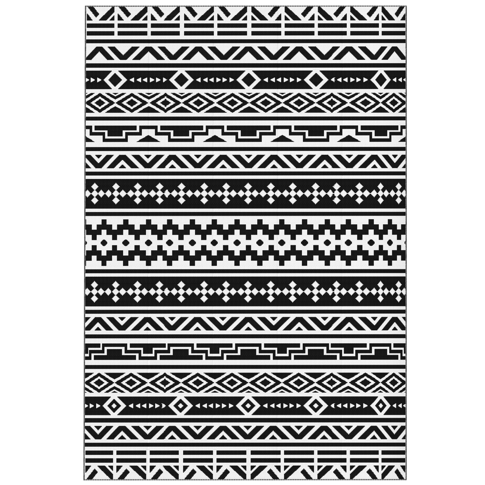 Reversible Outdoor Rug, Waterproof Plastic Straw with Carry Bag, 6' x 9', Black & White Geometric Wall